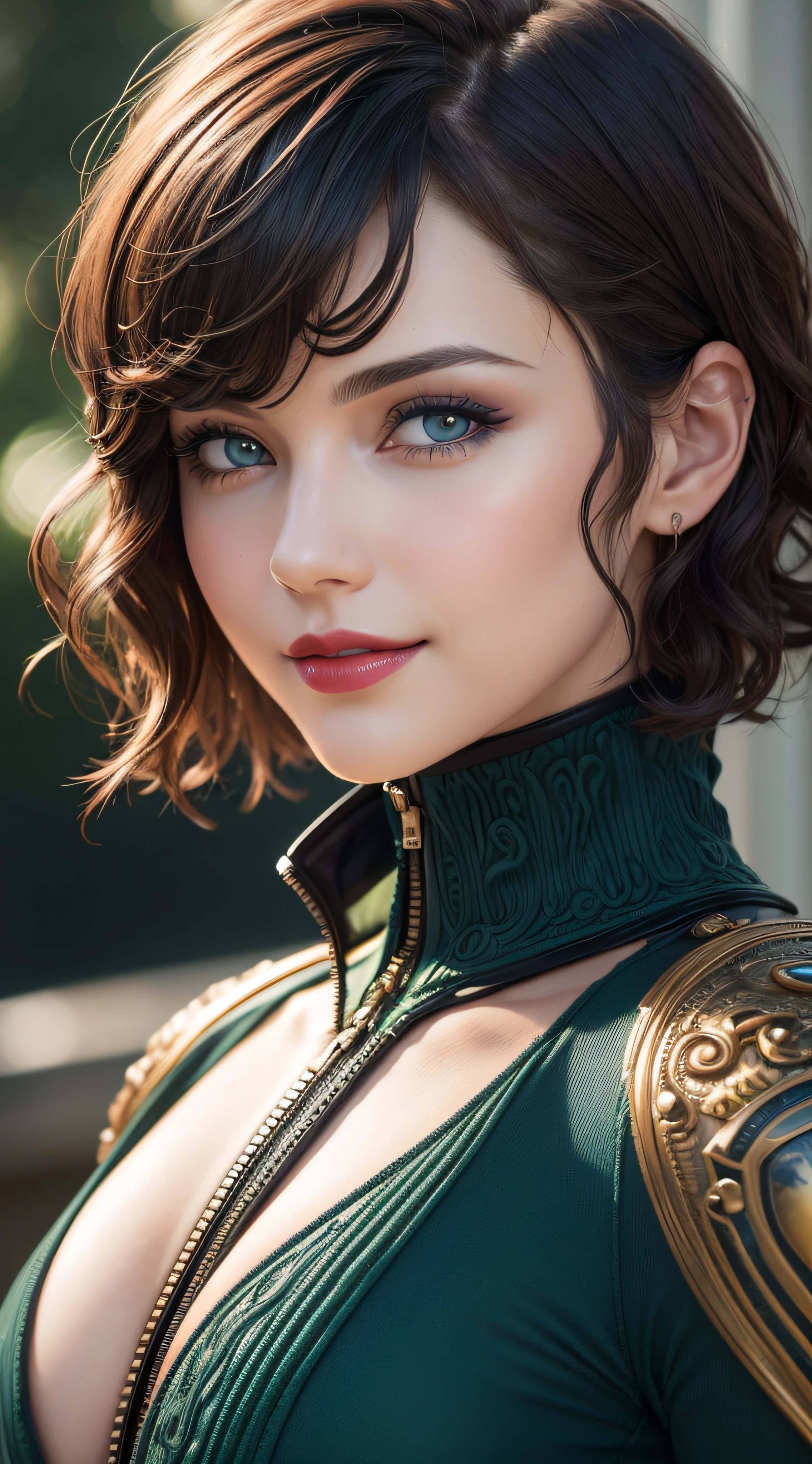 Unbeatable masterpiece, Ultra photo realsisim, Perfect artwork, Intricate details, Best quality, Strong light, High contrast, steampunk green Speerise High Neck Zip One Piece Unitard Full Body(Masterpiece) , (Best quality) , (extremely detailed wallpaper CG unity 8k) , (best character detail:1.36), marshes, (delicated lines:1.24), (fantasy), (Cold light:1.2), cape, Color splattering , Colorful, colorful background, detailed eyes, love eyes, moist thick lips, red lipstick, detailed eyeshadows, blue eyes, sci-fi background, smiling, love, looking at viewer, 1woman, matured woman, age 30, brown hair, (short hair:1.5), (bangs:1.2), (wavy hair:1.3),high high quality