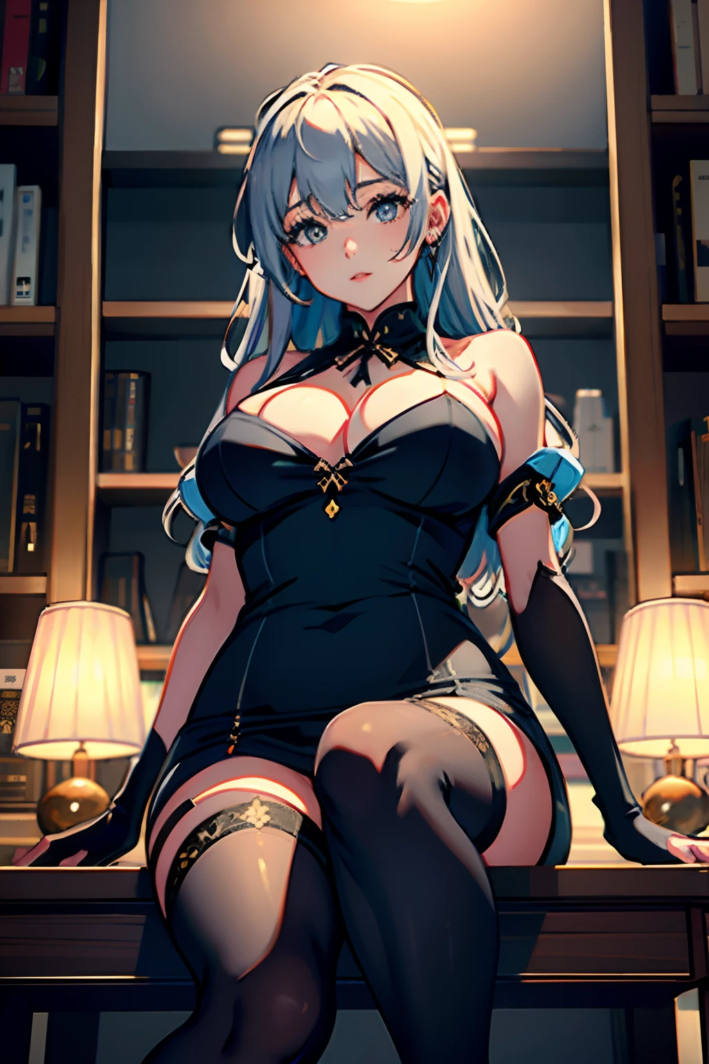 (the Extremely Detailed CG Unity 8K Wallpapers)、top-quality、独奏、1girl in、细致背景、beatiful detailed eyes、Bright pupils、(extremely delicate and beautiful)、(Beautiful and detailed eyes description)、ultra-detailliert、masterpiece、))、Colossal tits、atlibrary、Sitting、Stockings