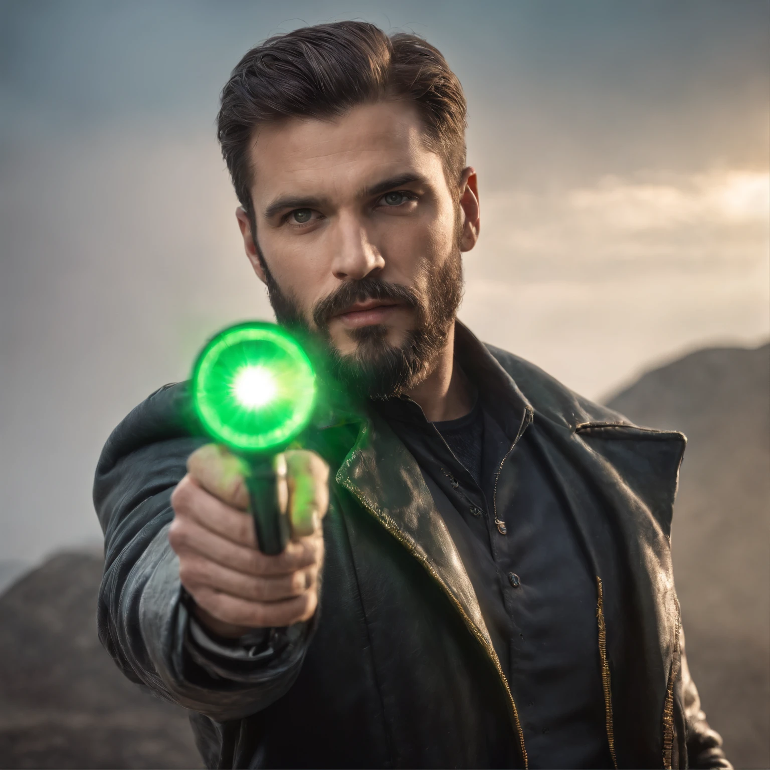 arafed man with a beard holding a A mysterious green yellow tube in his hand, portrait of a Judge , looking to the crystal, male, punisher, wearing a Leather jacket, closeup portrait, beautiful celestial mage, hyper realistic, portrait of a male hydromancer