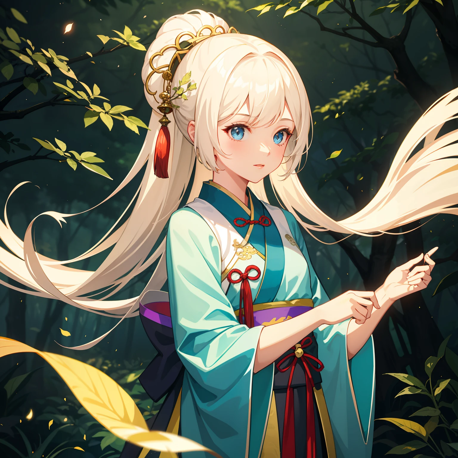 1girl, (hanfu), glowing, sidelighting, wallpaper, forest background
