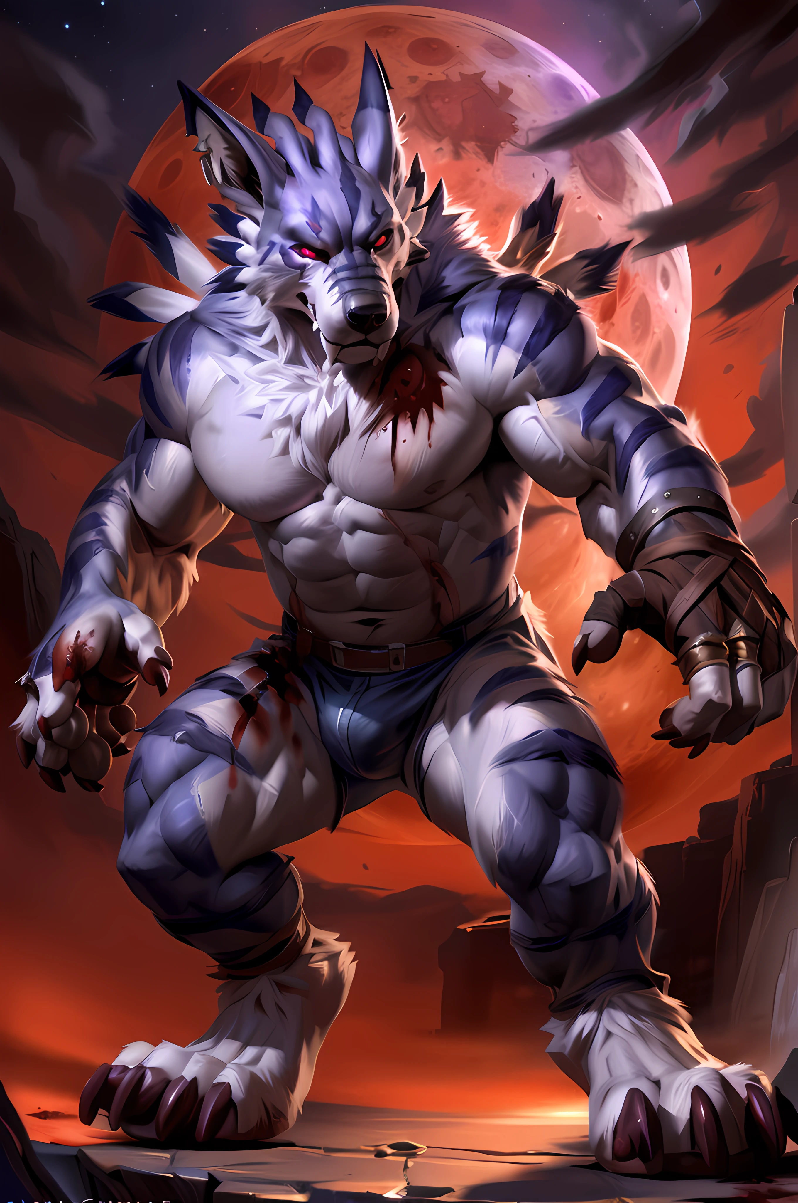 Weregarurumon, (red lighting, dramatic lighting:1.2), (baring fangs:1.2), beastly pose, action pose, legs spread. 4k, high resolution, best quality, perfect colors, perfect shadows, perfect lighting, posted on e621, furry body, solo, male, adult, masculine, (very muscular, buff, heavyweight, strong chest:1.3), (veins, vascular:1.3), correct anatomy, (photorealistic fur, detailed fur, epic, masterpiece:1.2), (dark fantasy background, night), (blood moon:1.3), (by Taran Fiddler, by Chunie, by Traver009, by wfa:1.1), (large wolf feet, large hands, cartoony proportions:1.3), (detailed eyes, red eyes, glowing eyes:1.2), (full body:1.5), strong posture, strong shadows, gruff