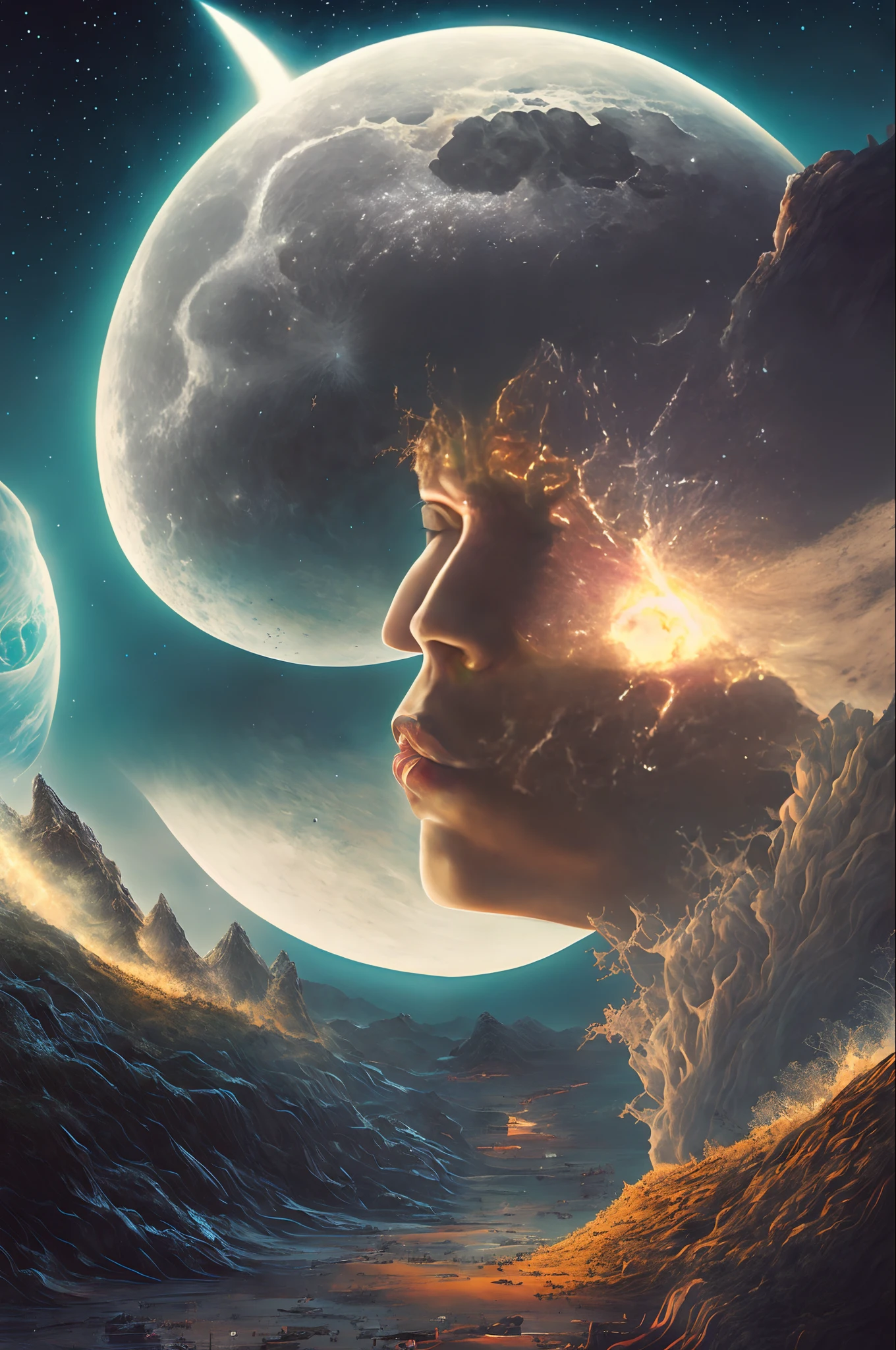 a close up of a person's face with a planet in the background, face melting into the universe, surreal space, the moon crashes into the earth, otherworldly visuals, fractal thunder dan mumford, fractal world, amazingly epic visuals, on a planet of maelstrom, surreal tears from the moon, chaotic cinematic space rift, in the astral plane ) ) )