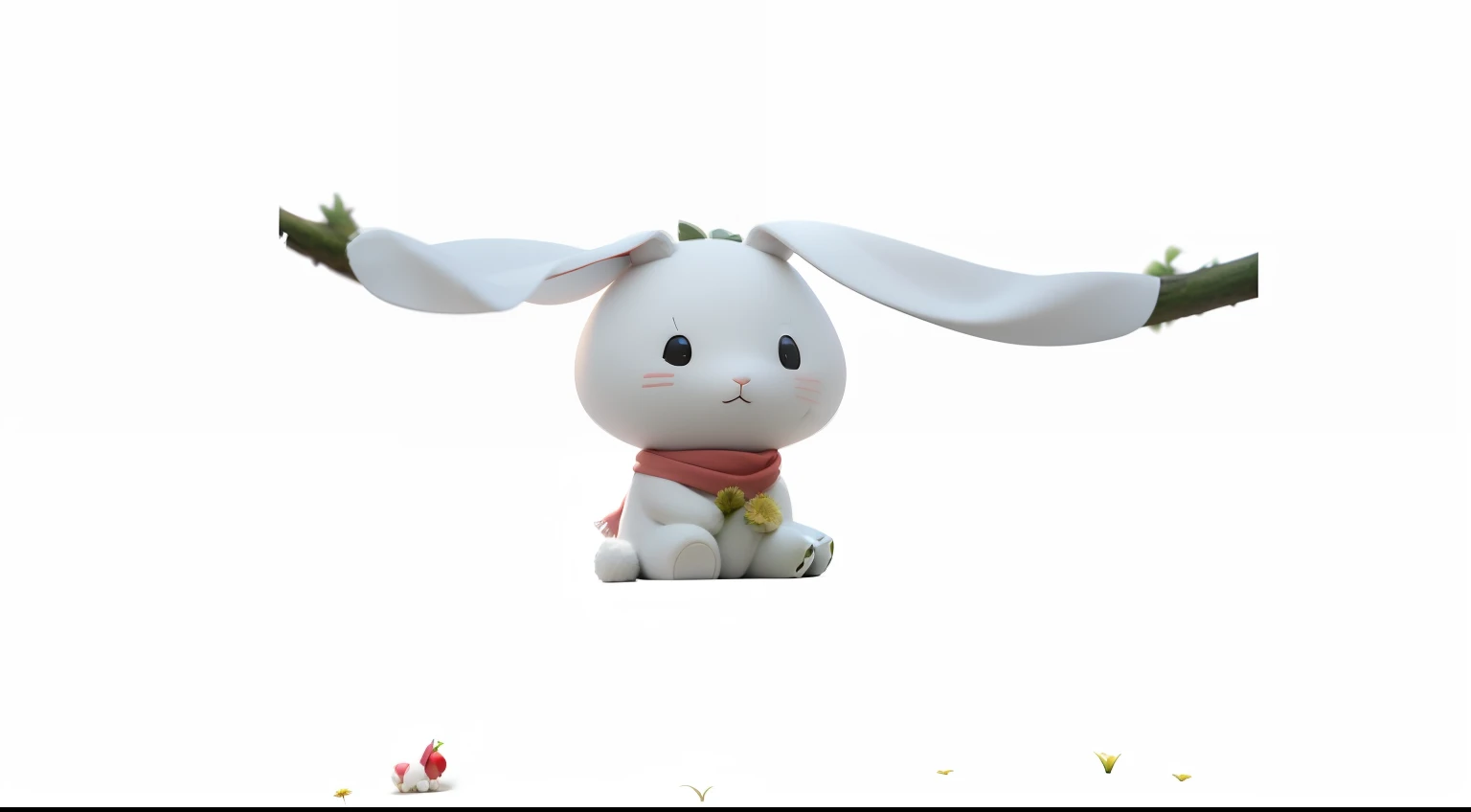 Cartoon white rabbit with light red scarf, scarf hanging cherry, cute white plush hat, cute, charming, cute detailed digital art, cute characters, cute 3d rendering, cute forest creature, cute cartoon, lying on grass, big tree, white chrysanthemum, green grass, soft grass, 4K, high quality, very detailed details