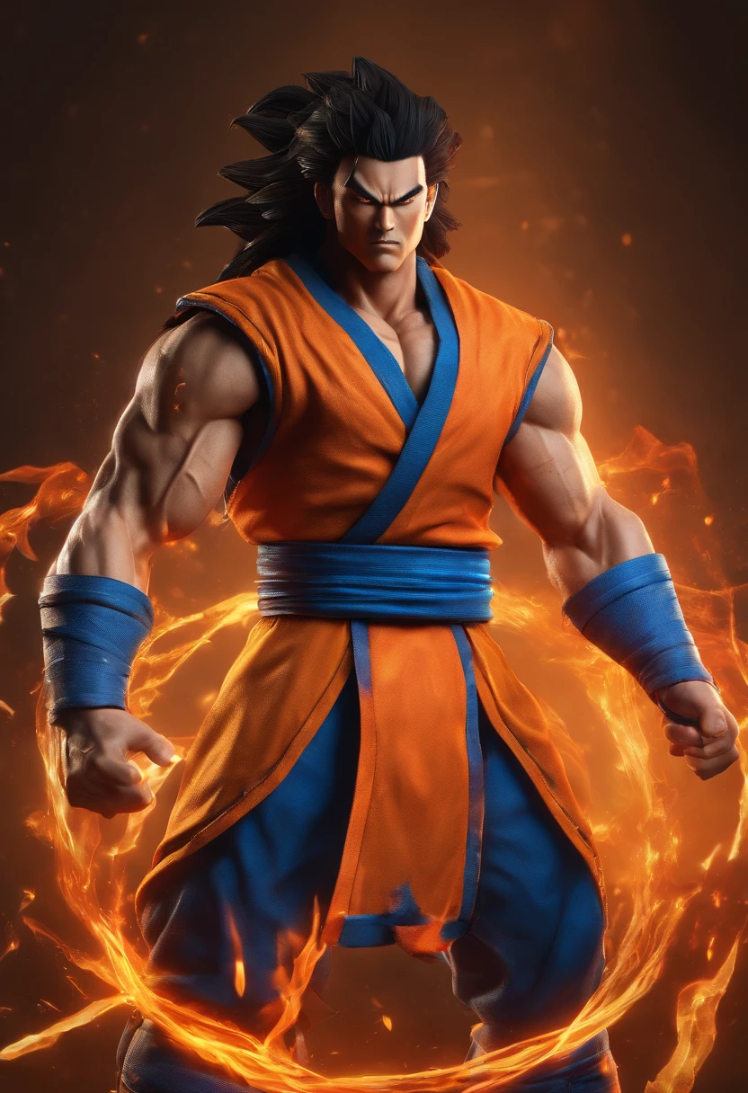 Tough Super Saiyan muscle in Mortal Kombat 3d model, cinematic lighting, rendering, red eyes, long hair, no shirt with chains on his torso and wrists, orange martial arts pants along with a blue belt