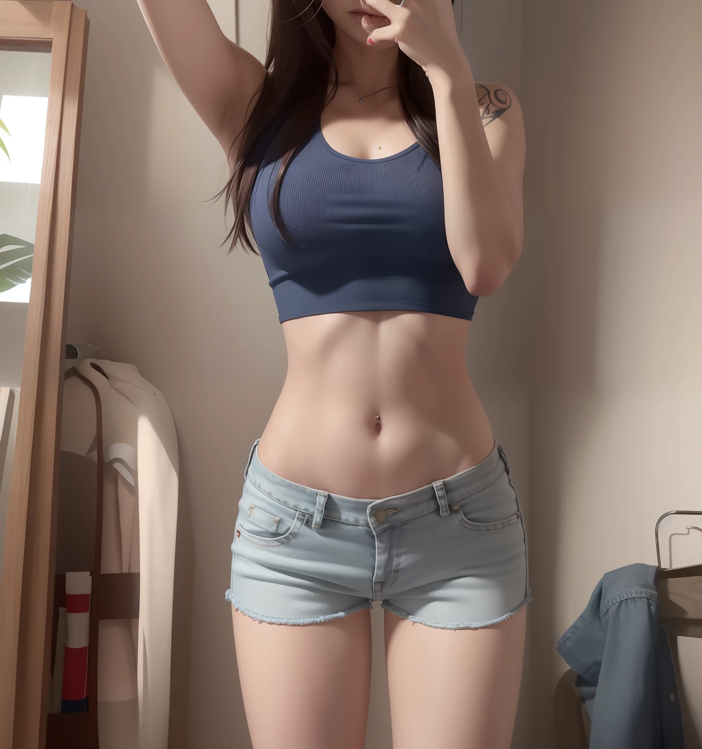 araffe red jean shorts chaps belly button ring, a tattooed woman wearing a low cut multi colored top large breasts and hard nipples showing, chaos wet t shirt taking a selfie in a mirror with a cell phone, photo of slim girl, skinny waist and thick hips, red jeans shorts purple shirt, photo of slim girl model, slender waist, thin waist, chaos full extremely slim body, fit dainty figure, fit pic, her belly button ring , tattoos is exposed, 2 4 old female model, thin-waist, tinyest midriff ever