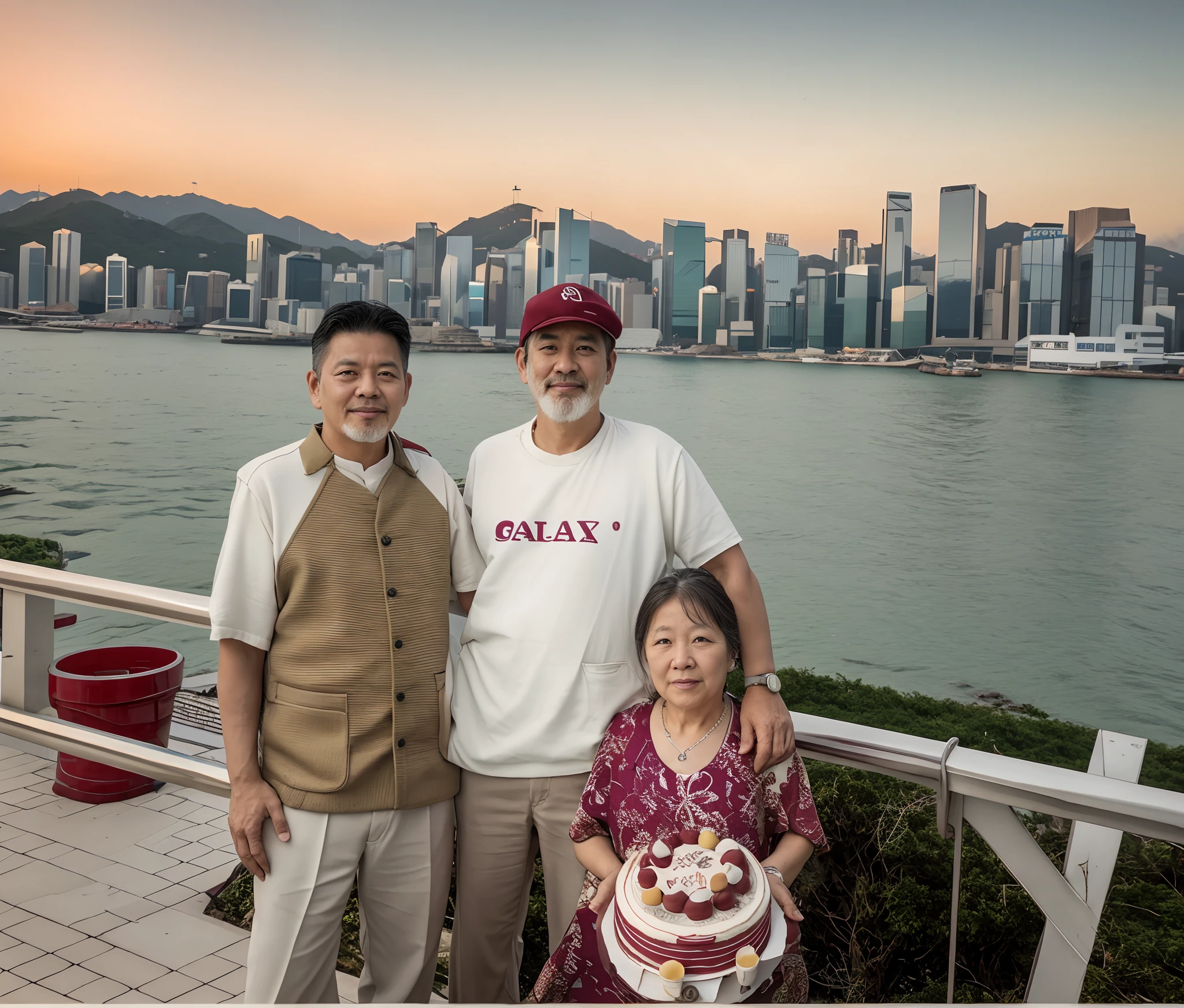 there are two people standing next to each other with a cake, in hong kong, happy birthday, kakar cheung, hong kong, many years gone, yuli ban, with mountains in the background, happy family, ruan jian, 35840k film, husband wife and son, jia ruan, with a city in the background