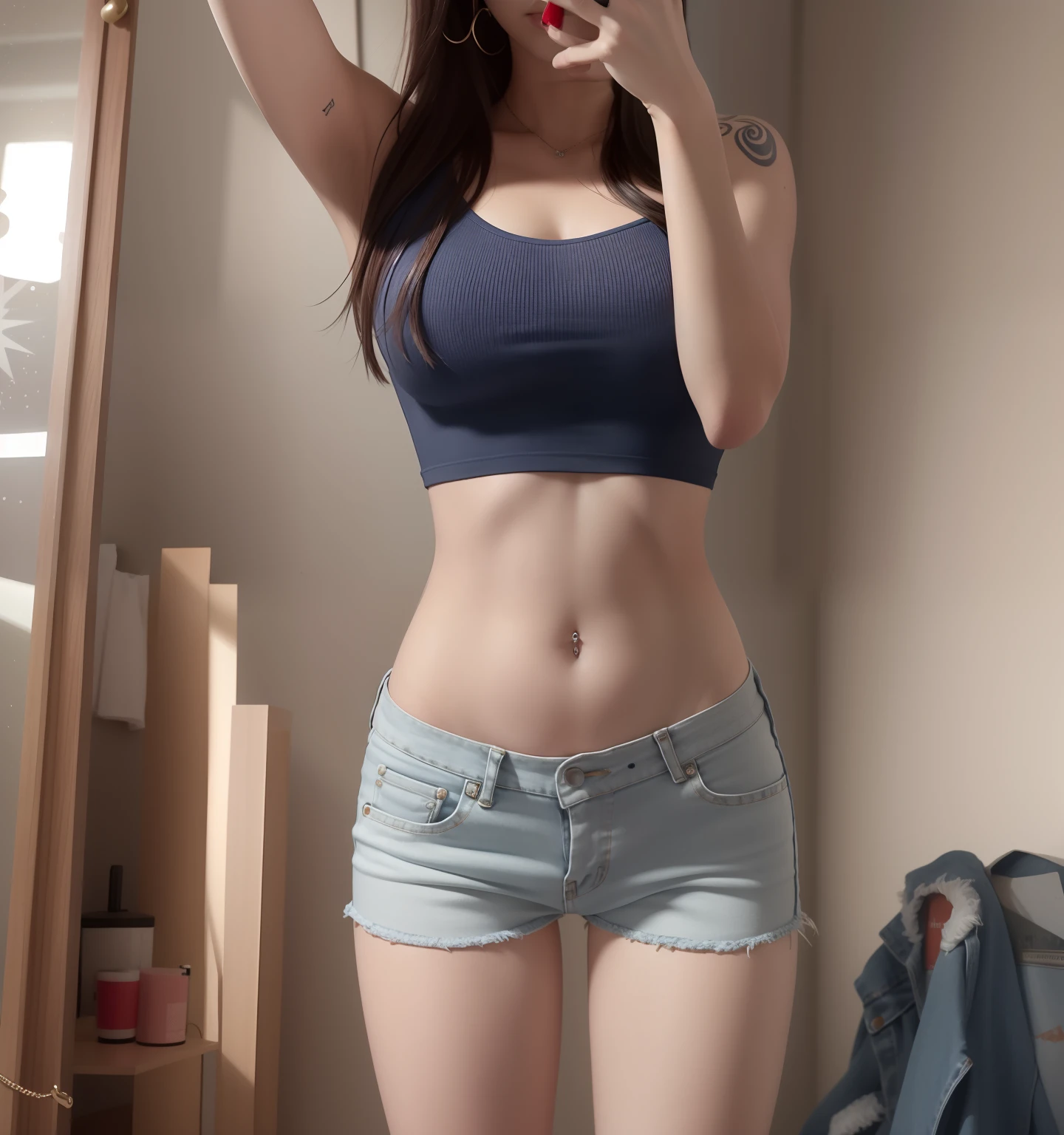 araffe red jean shorts chaps belly button ring, a tattooed woman wearing a low cut multi colored top large breasts and hard nipples showing, chaos wet t shirt taking a selfie in a mirror with a cell phone, photo of slim girl, skinny waist and thick hips, red jeans shorts purple shirt, photo of slim girl model, slender waist, thin waist, chaos full extremely slim body, fit dainty figure, fit pic, her belly button ring , tattoos is exposed, 2 4 year old female model, thin-waist, tinyest midriff ever