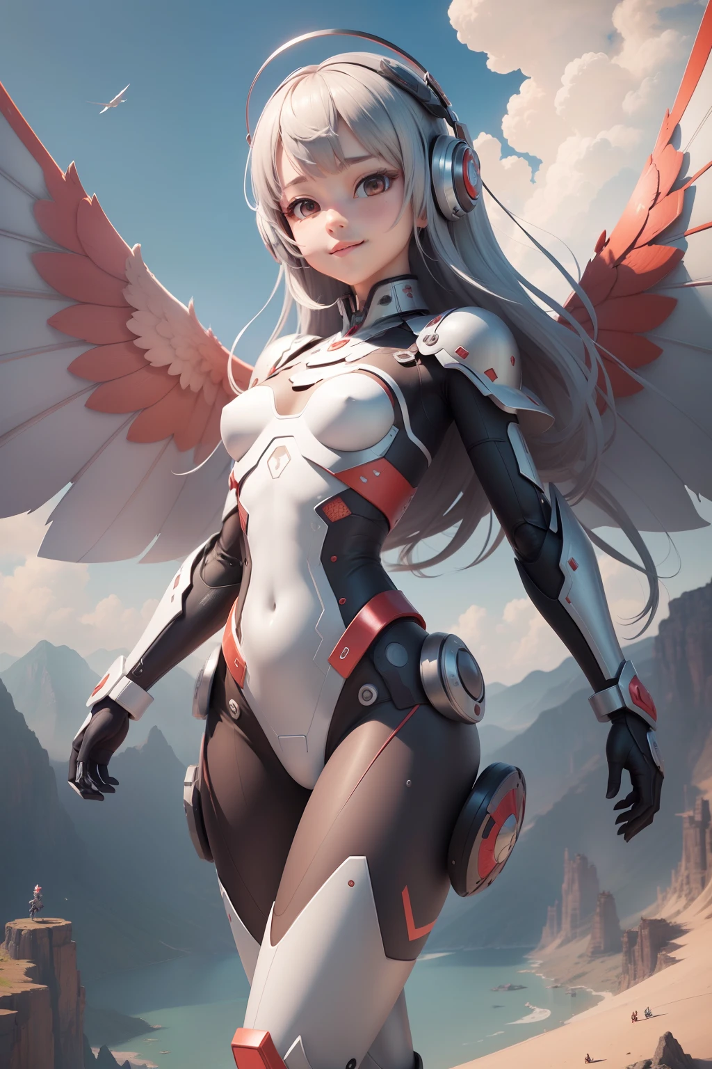 Digital Painting, Digital Illustration, Floating in the air、Fly through the sky with open metal wings、Landscape above the sky、Extreme Detail, Digital Art, 4K, Ultra Full 、Ulutra HD,analyzer、Supporting Female Robots、Cute smiling girl、Excellent brains、tiny chest、Slender figure、Red and white metal body、