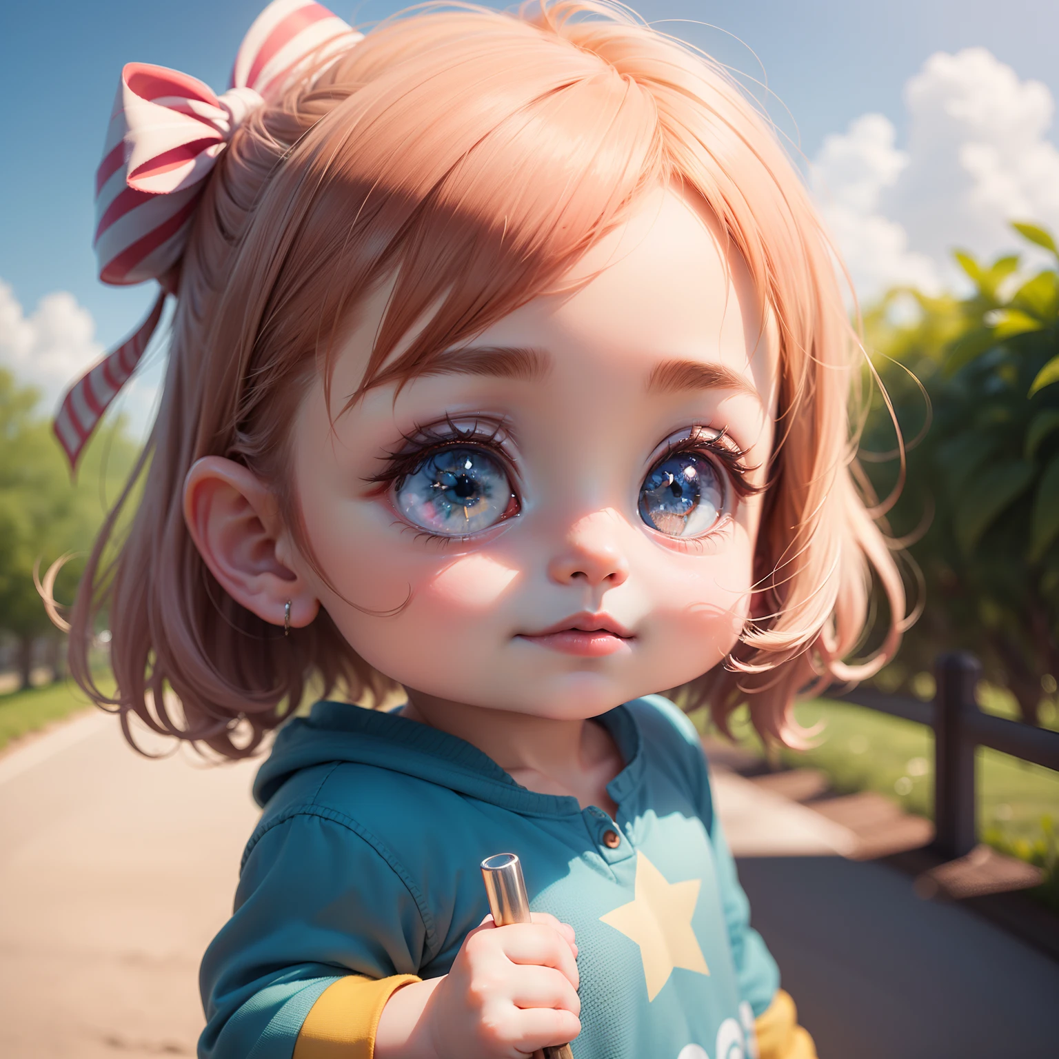 (ultra-detailed,highres,8k,photorealistic:1.2),3D animation,(cute baby:1.2),(anime style,sweet and innocent),(chibi style:1.2),baby with big adorable eyes,rosy cheeks,small nose,pink lips,sparkling eyes,angelic smile,detailed face with delicate features,bright blue sky,ray of morning sunlight,holding a baton adorned with star-shaped flowery decorations,reaching for the clouds