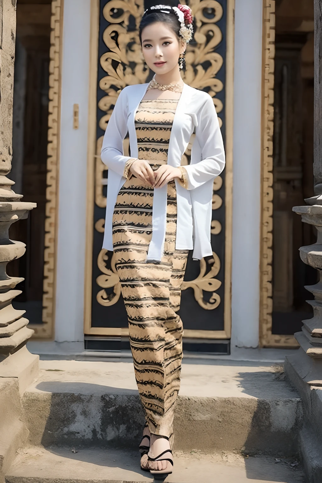 MMTD Burmese patterned traditional dress lady full body details
