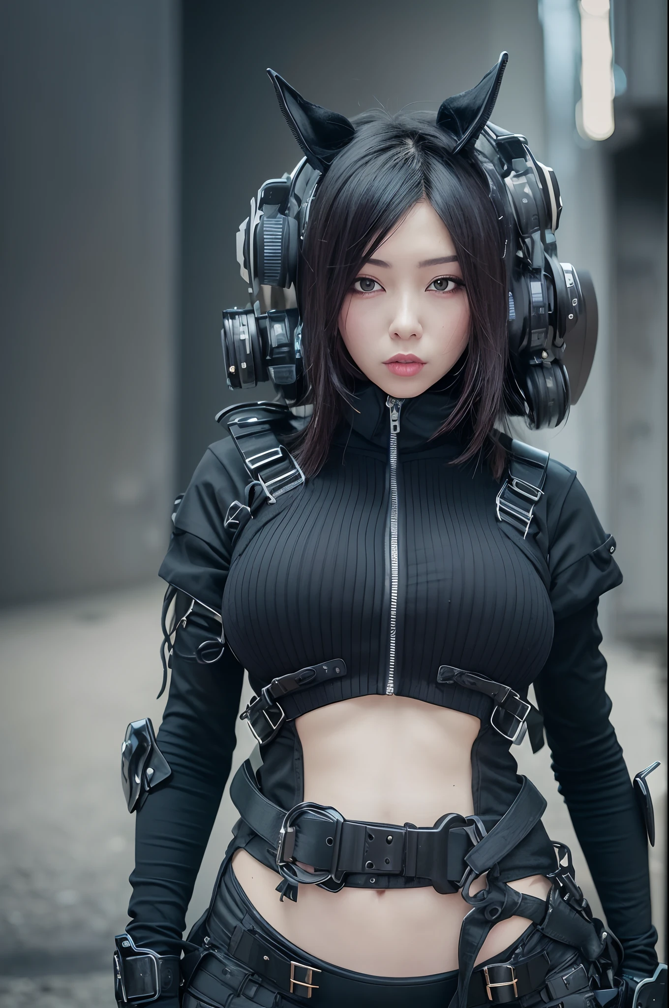 there is a woman with massive breasts in a corset and a black and white outfit, wearing techwear and armor, cyberpunk outfit, wearing japanese techwear, intriguing outfit, all black cyberpunk clothes, cyberpunk style outfit, female cyberpunk anime girl, cyberpunk streetwear, cyberpunk dress, anime girl cosplay, photograph of a techwear woman, cyberpunk anime girl, wearing cyberpunk streetwear, maid outfit