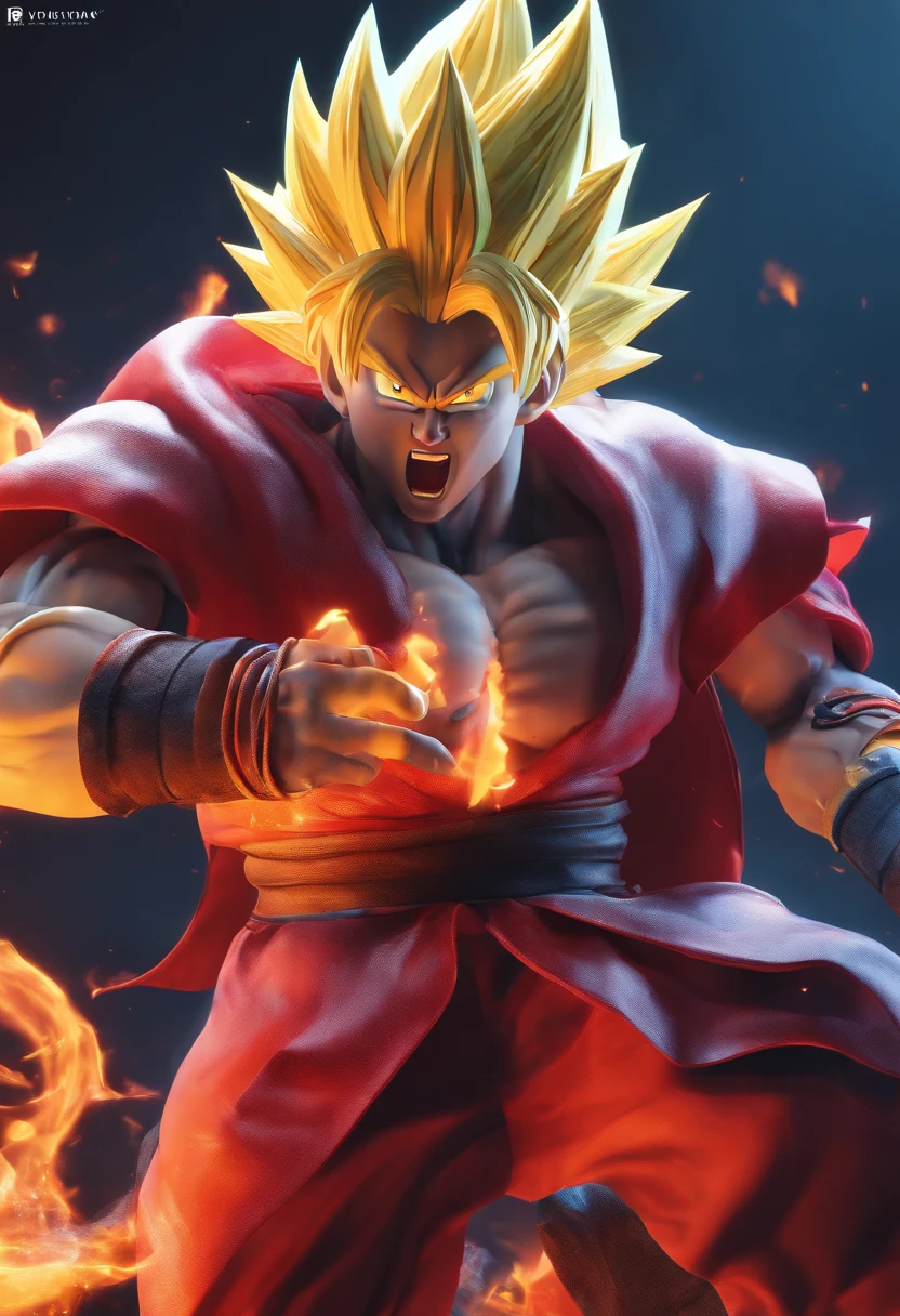 super saiyan 6 demon with white hair red horns dark fur on arms and chest, red eyes, orange loincloth on top of blue pants, gray skin