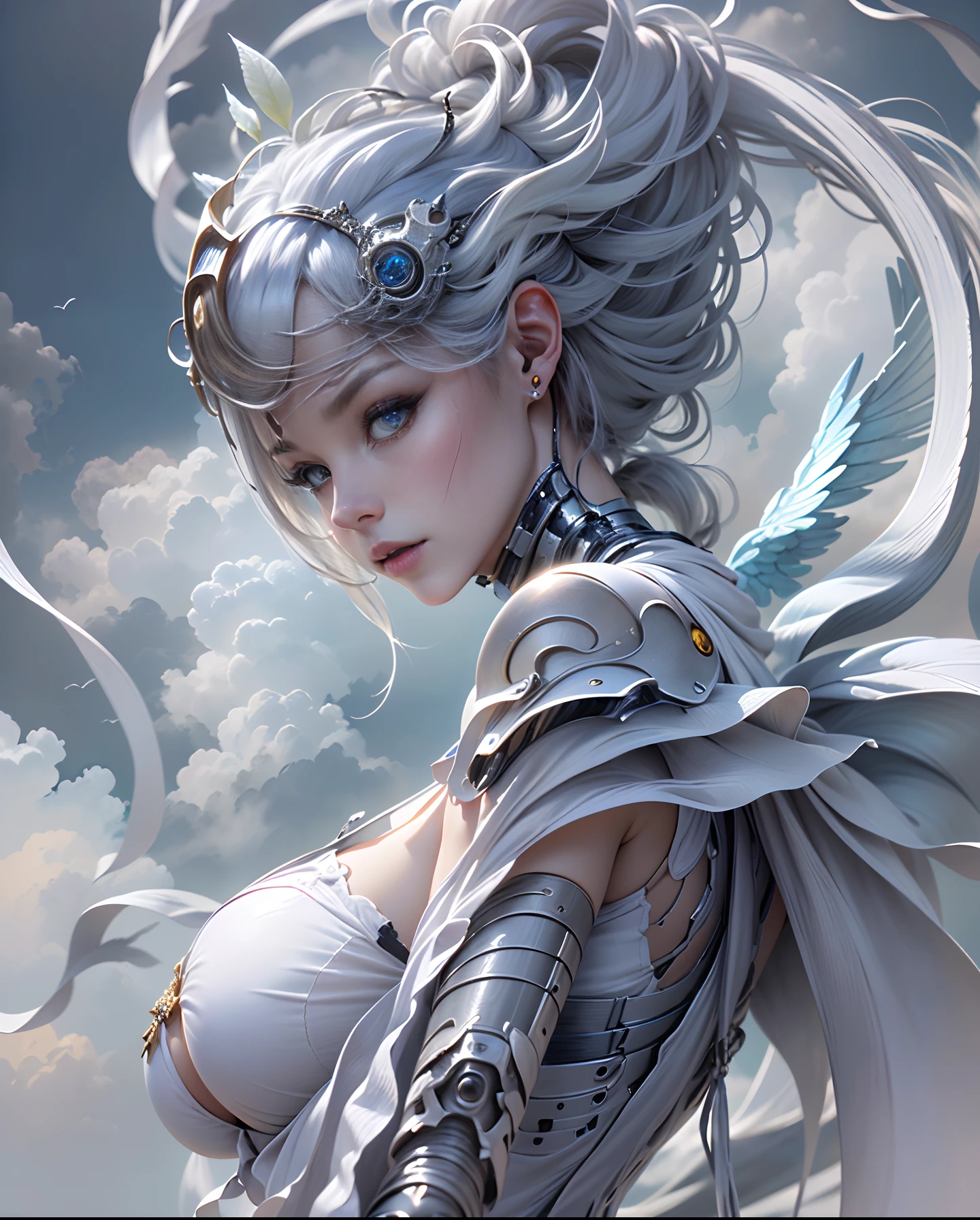((top-quality))、((masterpiece))、(detaileds)、Enchanting Angel、Beautiful angel in the night sky、Fantastic beauty、Perching on the clouds、(fantasy illustrations:1.3)、a captivating gaze、Pose Seductive、Delicate wings、Otherworldly charm、mystical sky、 (By Luis Royo:1.2)、(Yoshitaka Amano:1.1)、Moon Night、Soft colors、(detailed cloudscape:1.3)、(hight resolution:1.2)Complex 3d rendering ultra detailed beautiful porcelain profile female android face、cyborgs、roboticparts、150mm、Beautiful studio soft lights、Rim Light、Vivid details、luxuriouscyberpunk、Ren Hao、surrealistic、Anatomical、face muscles、cable electric wires、microchips、elegent、beatiful backgrounds、Big Red Full Moon、octan render、HR Giger Style、8K、top-quality、masterpiece、illustratio、extremely delicate and beautiful、A highly detailed、nffsw、unification、wall-paper、(realisitic、Photorealsitic:1.37)、magnifica、Finely detailed、masterpiece、top-quality、Official art、Highly detailed ticker Unity 8K wallpapers、absurderes、incredibly absurdness、机器人、Silver Halmet、full body Esbian、sitting on、the skin is white, Transparent and beautiful、The viewer is the viewer's gaze、