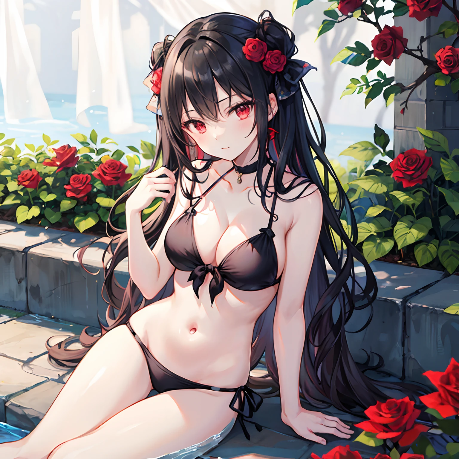 Wavy black hair、red eyes、Beautiful girl alone、The bikini、Bright red rose garden、 sitting on