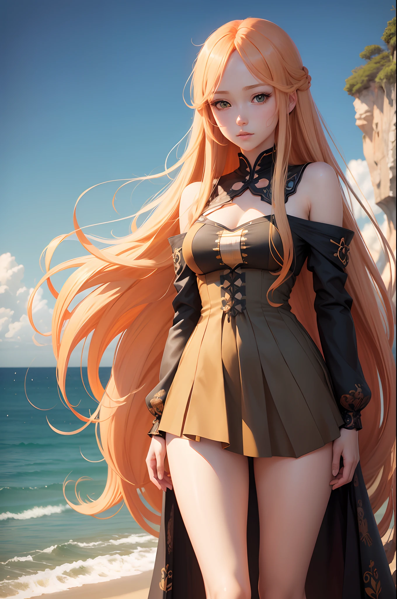 anime girl with long orange hair standing on beach near ocean, green eyes, !fixed eyes, anime girl with long hair, detailed digital anime art, beautiful anime portrait, anime girl with long hair, trending on artstation pixiv, beautiful anime artwork, beautiful anime woman, beautiful anime girl, smooth anime cg art, extremely detailed artgerm, fine details. girls frontline, beautiful anime art