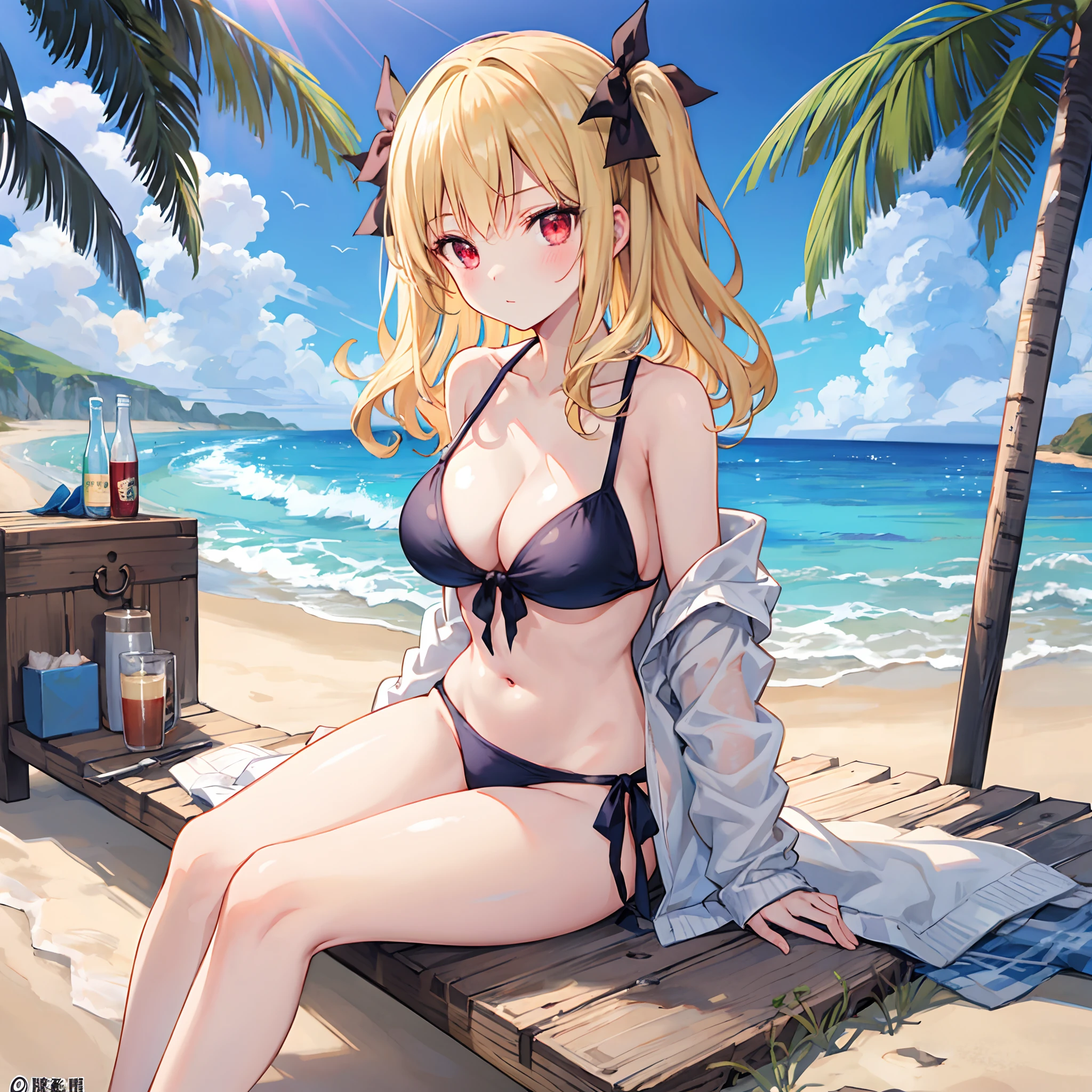 Wavy blonde、red eyes、Beautiful girl alone、The bikini、gravure、sitting on、the beach