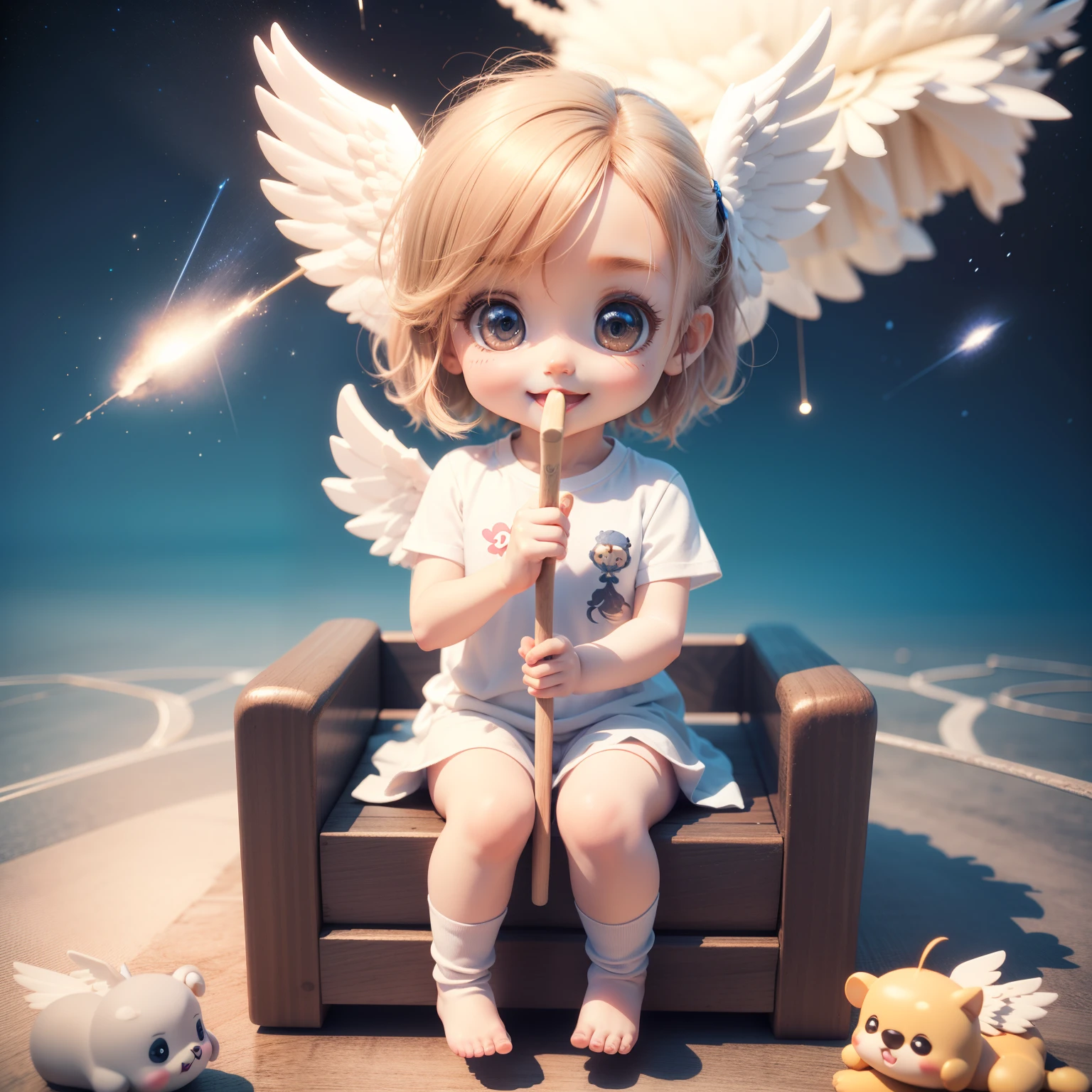 Cute Baby Chibi Anime, (((Chibi 3D))) (BES T quality) (Master Price)、 (Chibi Angel:1.2) Sit on Dao Cloud、blue open sky、Bright morning sunshine、Open your mouth and smile、Detailed small face、Holding the baton of decoration in the shape of a shooting star、jumpingjumping