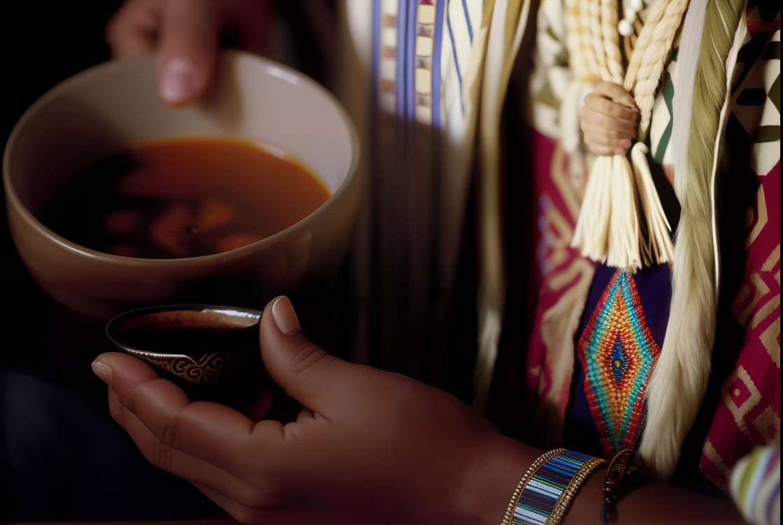 someone with a cup of Ayahuasca in his hand and a bowl of soup in his hand, ayahuasca ceremony, ayahuasca shaman, the ayahuasca spirit, ayahuasca, the oracle of the mayan elders, anthropological photography, xamanismo, belos arredores, ethiopian, morning detail, fotografia 3 5 mm, Directed by: Edwin Georgi [Ayahuasca]