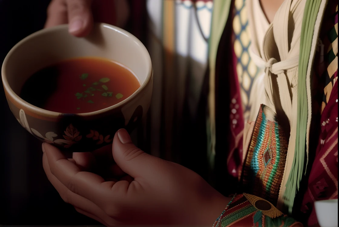 someone with a cup of Ayahuasca in his hand and a bowl of soup in his hand, ayahuasca ceremony, ayahuasca shaman, the ayahuasca spirit, ayahuasca, the oracle of the mayan elders, anthropological photography, xamanismo, belos arredores, ethiopian, morning detail, fotografia 3 5 mm, Directed by: Edwin Georgi [Ayahuasca]