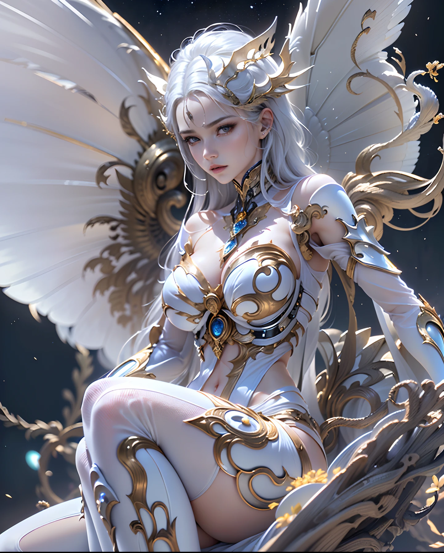 ((top-quality))、((masterpiece))、(detaileds)、seductive succubus、Fantastic beauty、Perching on the clouds、(fantasy illustrations:1.3)、a captivating gaze、Pose Seductive、Delicate wings、Otherworldly charm、mystical sky、 (By Luis Royo:1.2)、(Yoshitaka Amano:1.1)、Moon Night、Soft colors、(detailed cloudscape:1.3)、(hight resolution:1.2)Complex 3d rendering ultra detailed beautiful porcelain profile female android face、cyborgs、roboticparts、150mm、Beautiful studio soft lights、Rim Light、Vivid details、luxuriouscyberpunk、Ren Hao、surrealistic、Anatomical、face muscles、cable electric wires、microchips、elegent、beatiful backgrounds、octan render、HR Giger Style、8K、top-quality、masterpiece、illustratio、extremely delicate and beautiful、A highly detailed、nffsw、unification、wall-paper、(realisitic、Photorealsitic:1.37)、magnifica、Finely detailed、masterpiece、top-quality、Official art、Highly detailed ticker Unity 8K wallpapers、absurderes、incredibly absurdness、机器人、Silver Halmet、full body Esbian、sitting on、the skin is transparent and white,、the skin is white and beautiful、legs are thin and beautiful、high-heels、