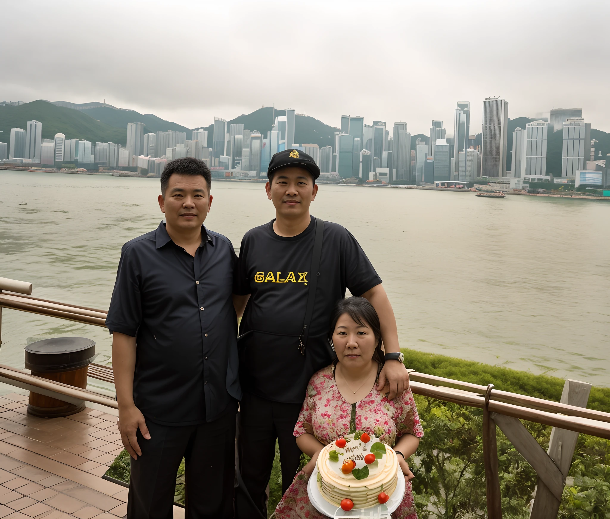 there are two people a man standing next to a woman holding a cake, in hong kong, happy birthday, happy family, post processed denoised, photo taken in 2 0 2 0, postprocessed), postprocessed, with mountains in the background, a colorized photo, vacation photo, kowloon, viral photo, kakar cheung, with a ((garden in the background))