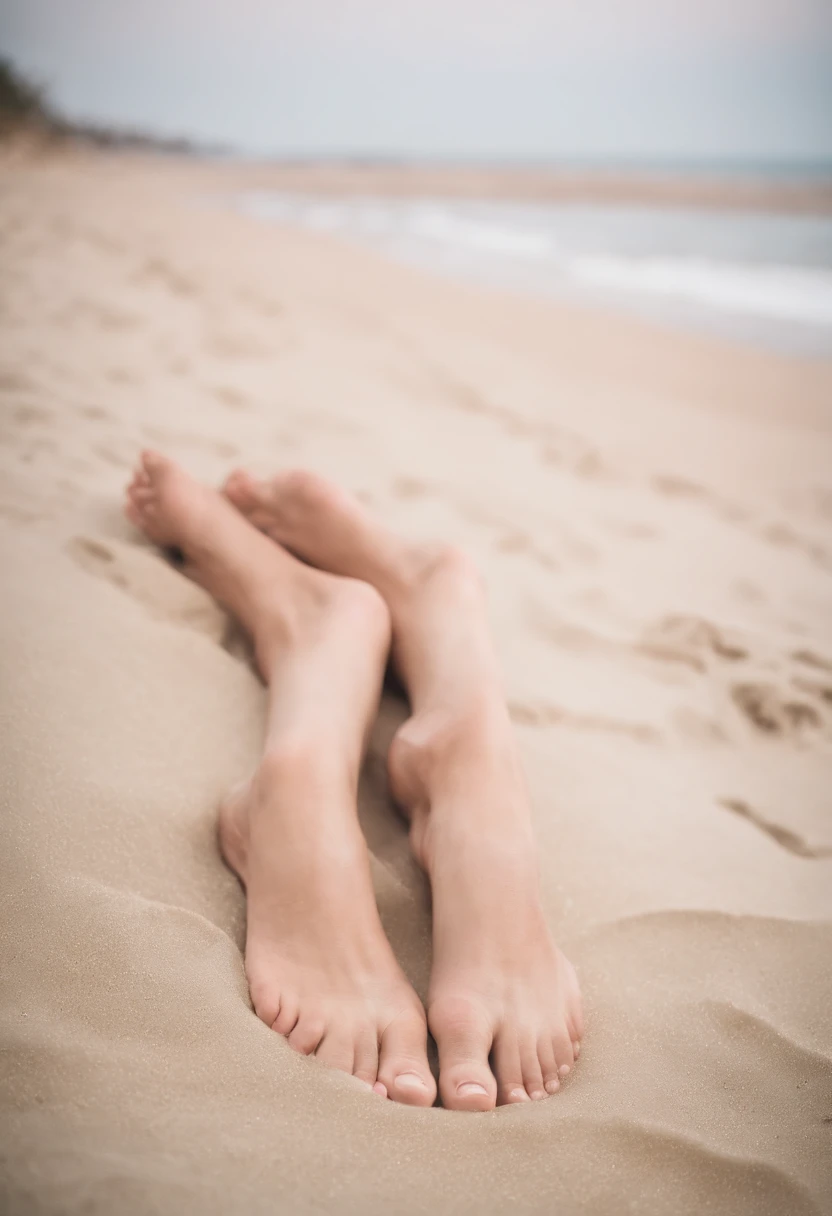 １８Triplet sisters are sleeping on the beach showing the soles of their feet。
