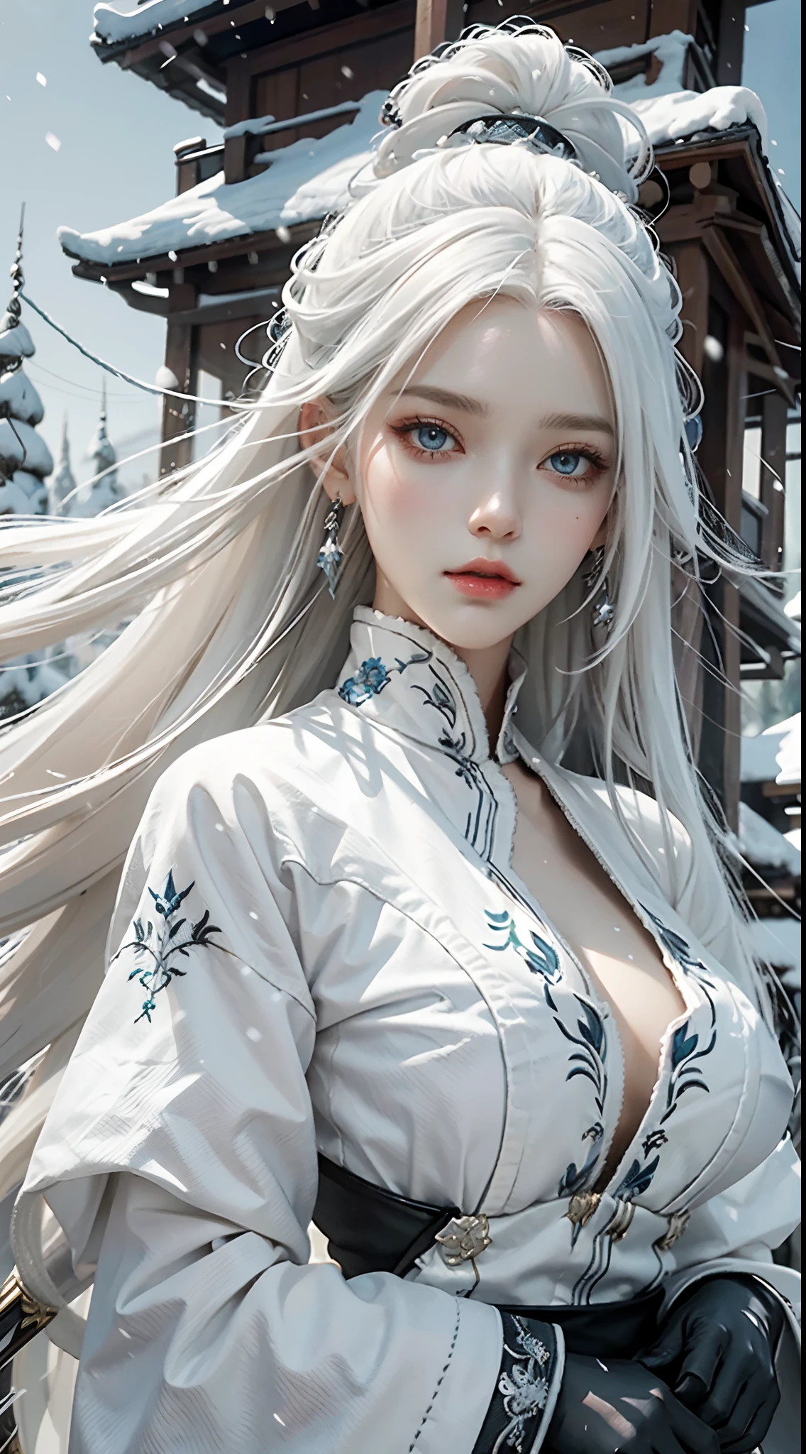 a close up of a person with white hair and a sword, white haired deity, with white long hair, with long white hair, artwork in the style of guweiz, white haired, guweiz, handsome guy in demon slayer art, beautiful character painting, by Yang J, white-haired, guweiz on pixiv artstation, anime character,purple clothing,snow,C-cup breasts,in the palace