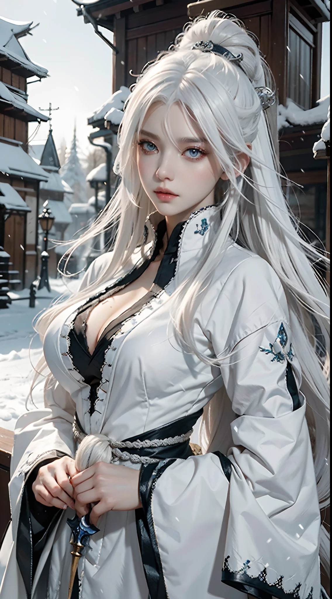 a close up of a person with white hair and a sword, white haired deity, with white long hair, with long white hair, artwork in the style of guweiz, white haired, guweiz, handsome guy in demon slayer art, beautiful character painting, by Yang J, white-haired, guweiz on pixiv artstation, anime character,blue clothing,snow,C-cup breasts,in the palace