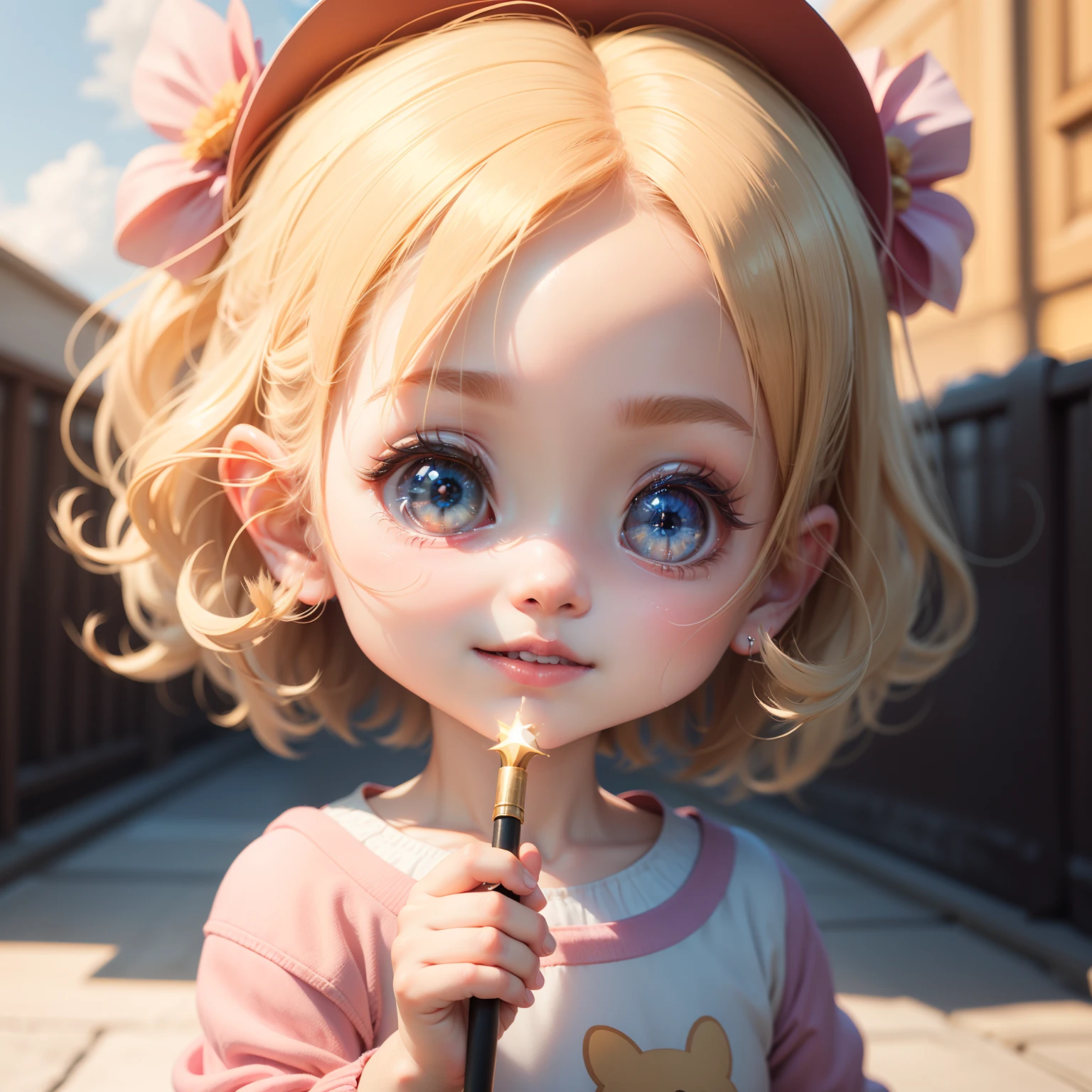 (ultra-detailed,highres,8k,photorealistic:1.2),3D animation,(cute baby:1.2),(anime style,sweet and innocent),(chibi style:1.2),baby with big adorable eyes,rosy cheeks,small nose,pink lips,sparkling eyes,angelic smile,detailed face with delicate features,bright blue sky,ray of morning sunlight,holding a baton adorned with star-shaped flowery decorations,reaching for the clouds