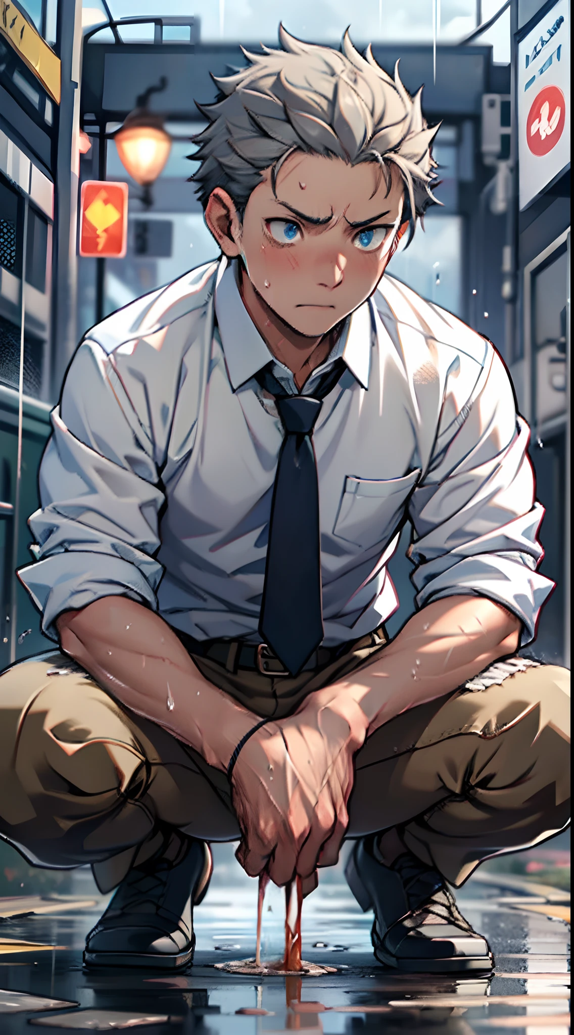 (1 Adult male),A high resolution, Sharp focus, Pixiv masterpiece, ((Complicated details)), highly detailed, natsuki_subaru, 1 man,Defeat, crestfallen,full bodyesbian,kneels on the ground, Sweaty crotch,Pee on the legs,pissing,Urine runs down the thighs,embarressed,exhilarated,is shocked,panicking,worry,A small puddle of their own urine forms around the feet,Urine runs down the crotch,Drenched,rain,The shirt is soaked,(A gesture of pleading),blue color eyes(eyes glowing), Short gray hair,white shirt,Wear a tie,Wear a belt,perspire,look from down