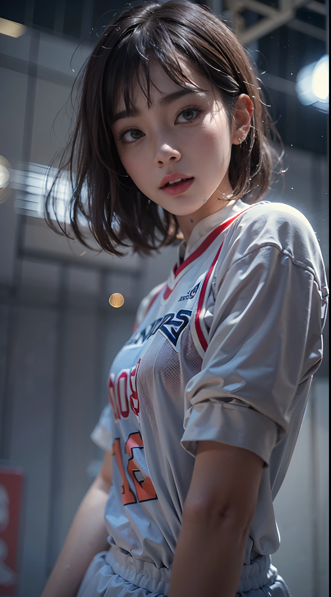 (NSFW), 1womanl, Solo, 24 year old, (cute face), (Ideal ratio body proportions), Basketball court, Basketball Uniforms, (((Jump with one hand up))), The costume is sheer, Wearing sweat, Wet, short-hair, Dark hair, small tits, A slender, Small buttocks, Skinny Legs, surrealism, Cinematic lighting, depth of fields, One-person viewpoint, F/1.8, 135 mm, nffsw, masutepiece, ccurate, Anatomically correct, Textured skin, Super Detail, high details, High quality, awardwinning, Best Quality, hight resolution, 8K