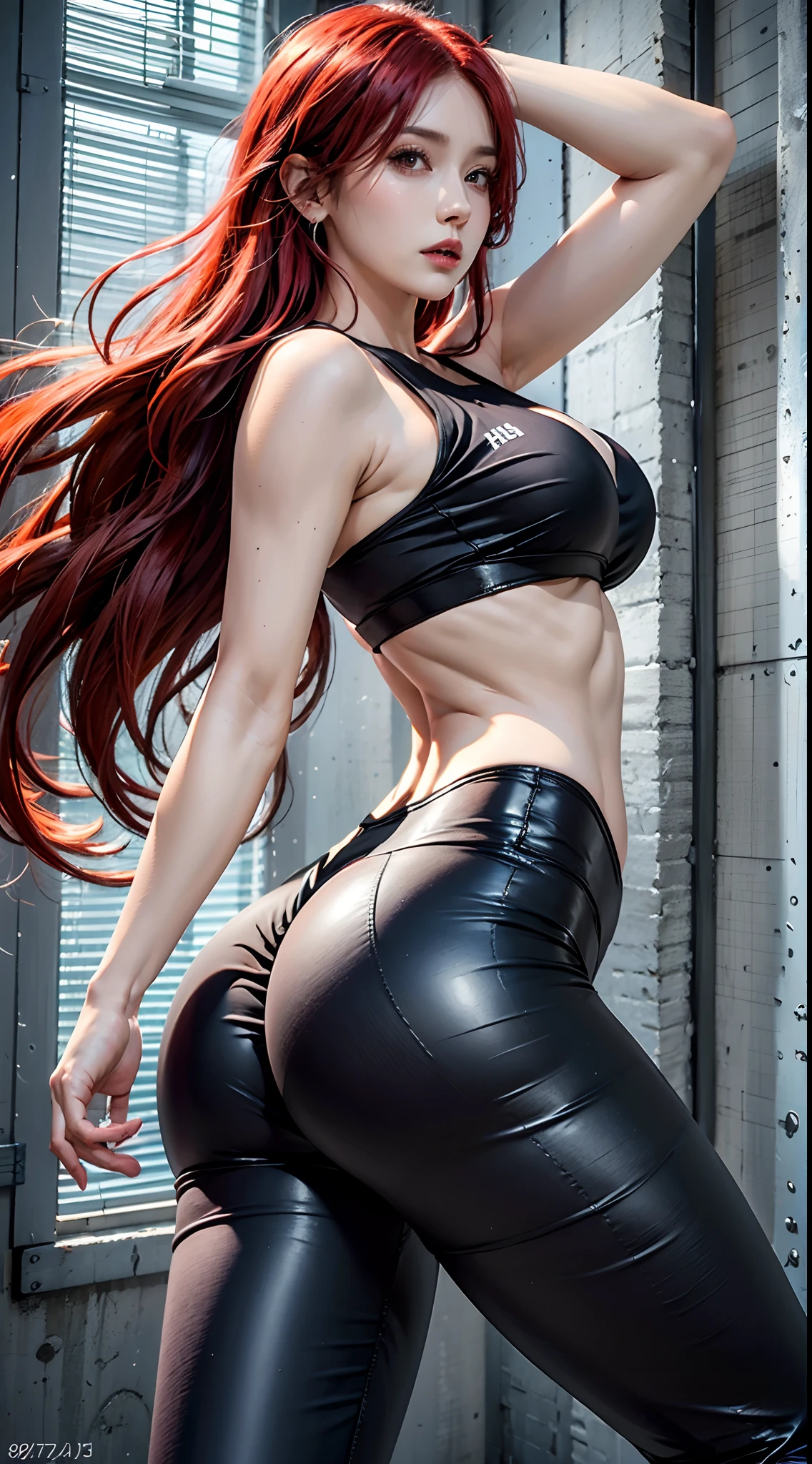 photorealistic, high resolution, 1women, mature female, solo, hips up, fairy tail, 1girl, long hair, red hair, corar, big booty, leggings esportivas, sports bra, sneaker, rosto, middlebreasts, earing