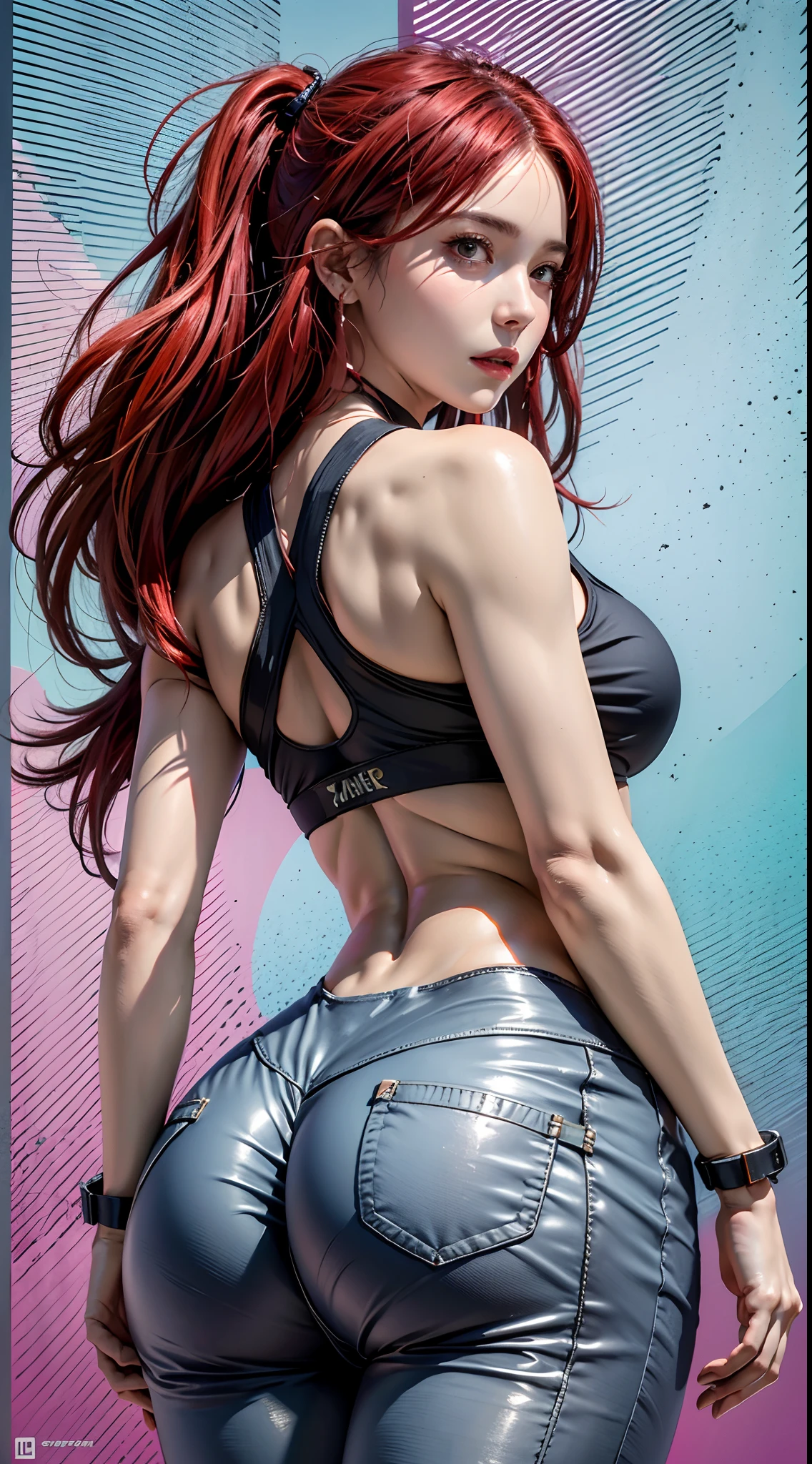 photorealistic, high resolution, 1women, mature female, solo, hips up, fairy tail, 1girl, long hair, red hair, corar, big booty, leggings esportivas, sports bra, sneaker, rosto, middlebreasts, earing