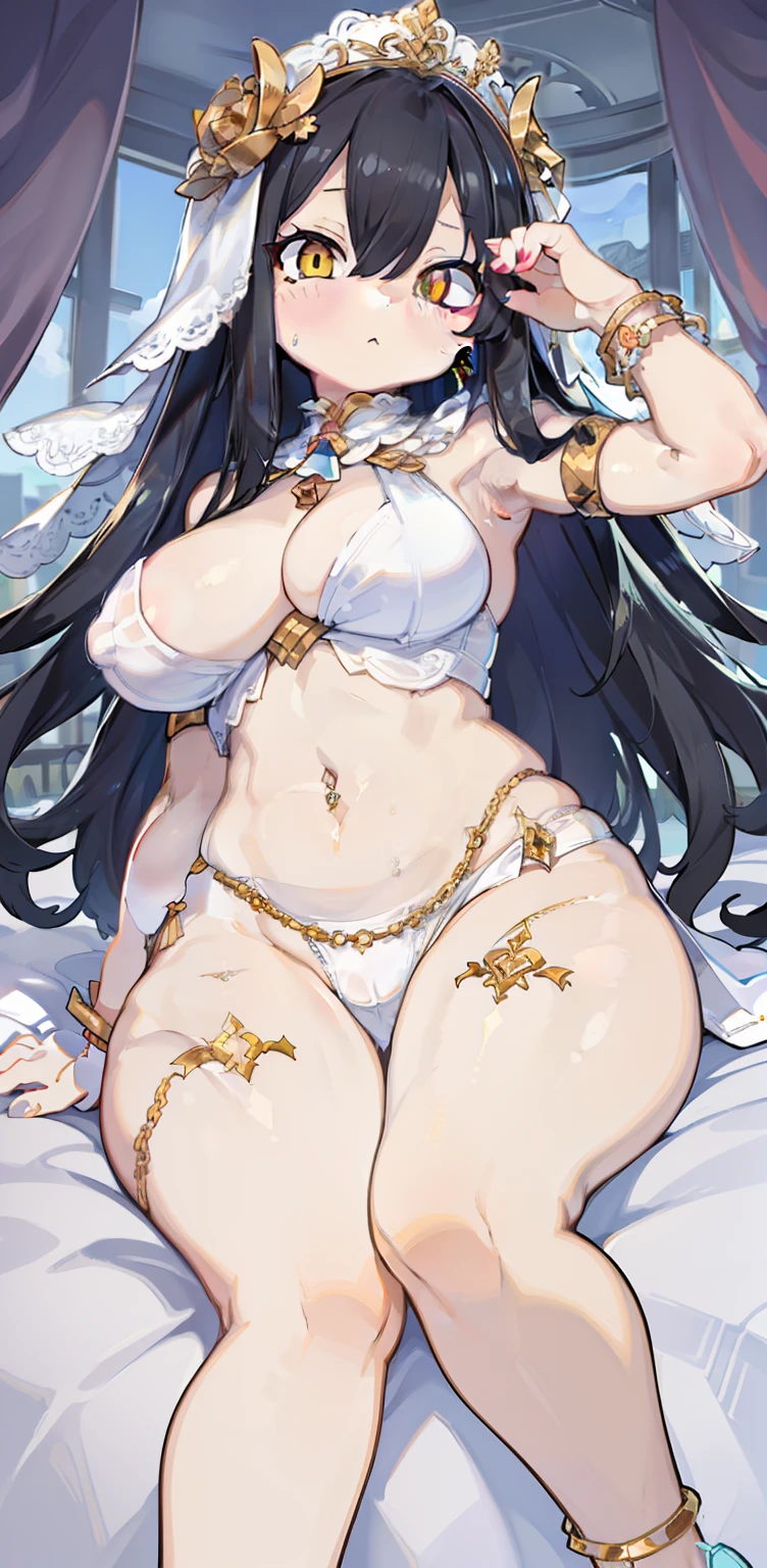 master piece, best quality, ultra-detailed, 1 girl, alone, Looking at Viewer, (Curvy:1.1), big breasts, black hair, long hair, hair over one eye, (wavy hair:1.1), yellow eyes, , (breasts apart:1.3), crotch, (pastels:1.3), neck ring, armlet, bracelet, (thigh:1.2), (white veil:1.2), (hair ornament:1.1), navel piercing, ( chain:1.1), (gold:1.3), (gold trim:1.2), Pink, sweat, legs open, sitting, arm up, full body, anklet, bare foot, on bed
