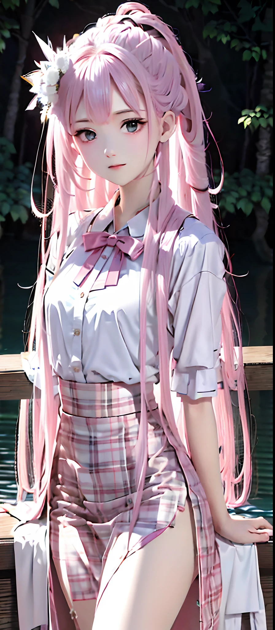 1girl, (masterpiece:1.1), (best quality:1.1), (white blouse:1.1), (plaid skirts:1.1), 校服, high waist skirt, BREAK [blue:pink:0.5] The subject, (Urban Background: 1.1), cowboy lens, BREAK Silver, long whitr hair,, greene eyes, Delicate headgear, Side Body,Clear fingers