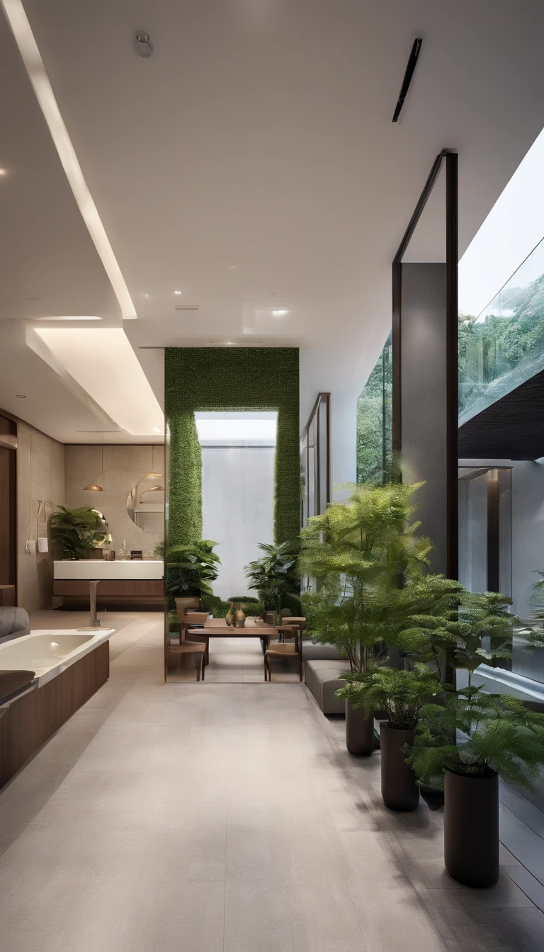 hotel style minimalist, seven-floor building, Moc Chau, Viet Nam, 11.5m width, 34m length, best quality, ultra-detailed, realistic:1.37, fine details, spacious lobby, clean and modern aesthetic, minimalist interior design, large panoramic windows, natural lighting, monochromatic color scheme, neutral tones, polished concrete floors, sleek furniture, contemporary artwork, art deco accents, minimalistic landscaping, rooftop terrace, panoramic view of the surrounding landscape, vine-covered walls, serene atmosphere, minimalist rooms with floor-to-ceiling windows, cozy beds, sleek bathrooms with rainfall showers, stylish lighting fixtures, vertical gardens, green spaces, minimalist sculptures in the public areas, tranquil swimming pool, minimalist gym with state-of-the-art equipment, high-res images, professional architectural rendering, vivid colors, soft lighting, peaceful ambiance.