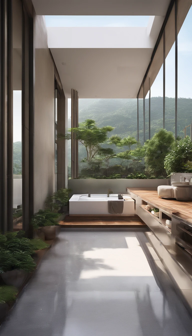 hotel style minimalist, seven-floor building, Moc Chau, Viet Nam, 11.5m width, 34m length, best quality, ultra-detailed, realistic:1.37, fine details, spacious lobby, clean and modern aesthetic, minimalist interior design, large panoramic windows, natural lighting, monochromatic color scheme, neutral tones, polished concrete floors, sleek furniture, contemporary artwork, art deco accents, minimalistic landscaping, rooftop terrace, panoramic view of the surrounding landscape, vine-covered walls, serene atmosphere, minimalist rooms with floor-to-ceiling windows, cozy beds, sleek bathrooms with rainfall showers, stylish lighting fixtures, vertical gardens, green spaces, minimalist sculptures in the public areas, tranquil swimming pool, minimalist gym with state-of-the-art equipment, high-res images, professional architectural rendering, vivid colors, soft lighting, peaceful ambiance.