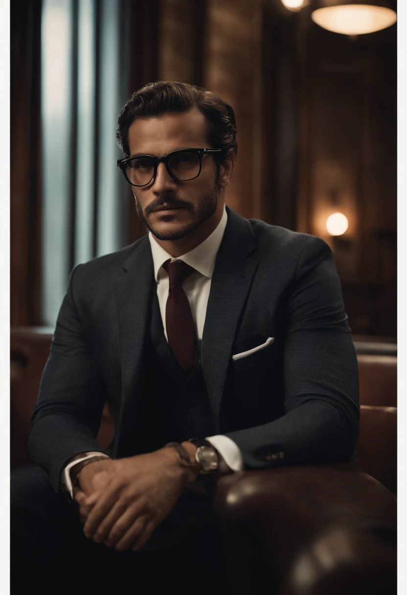 homem rico, glasses and suit, barbudo, with the intriguing feature, corpo inteiro, sentado em um banco
