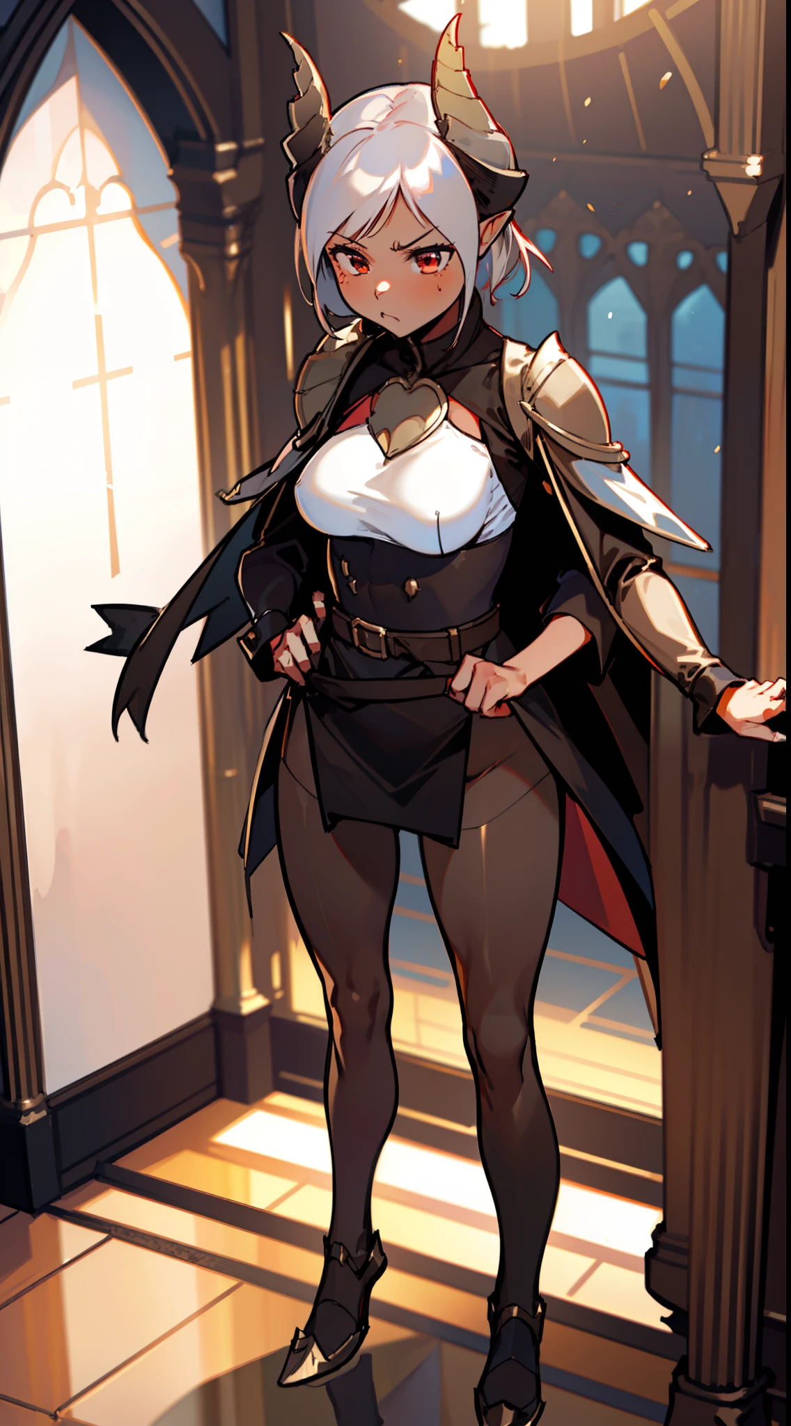 1girl 20 years,solo,((angry)),(((brown skin))),black and golden short armor,medium tits,white hair,short hair,red eyes,elves ears,black horns,black pantyhose,waist cape,Detailed,(((standing in front of a room inside a castle))),hd,masterpiece,8k