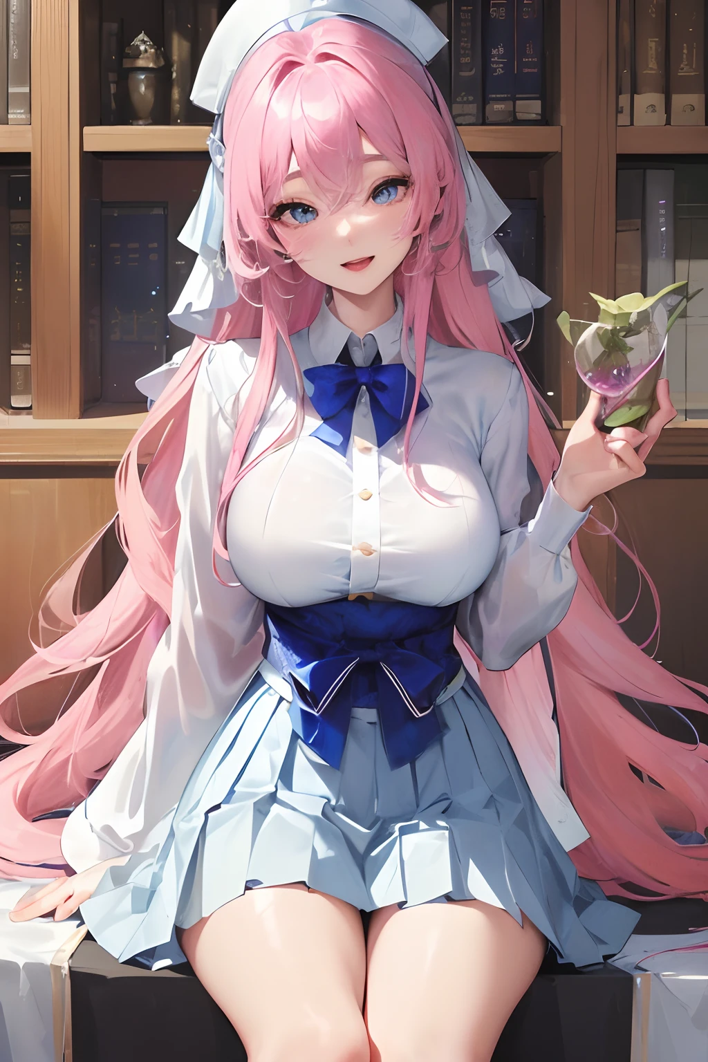 Official art, masterpiece, (Beautiful gorgeous cute korean woman:1.3), (Beautiful cute korean woman:1.3), Korean beauty, Delicate Beautiful Hair and Eyes and Face, realisitic, ultra-detailliert, a beauty girl, Glow white particles, (side lights:1.2), A slender, big butts, Show your teeth and smile, ((Smile with your eyes, open both eyes)), Scenic, Long straight hair、sexy facial expression、Dynamic Hair、Long straight hair、Detailed platinum pink hair、glowingblueeyes、(Blue pleated shirt + White skirt)、White long socks、de pele branca、hair adornments、atlibrary、Colossal tits