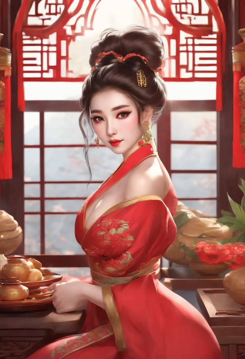 (1girl,Solo,young woman,18yo), {big double hair bun with long twintails with Chinese buns}, huge breasts, huge hips, red, China dress, cleavage cutout,