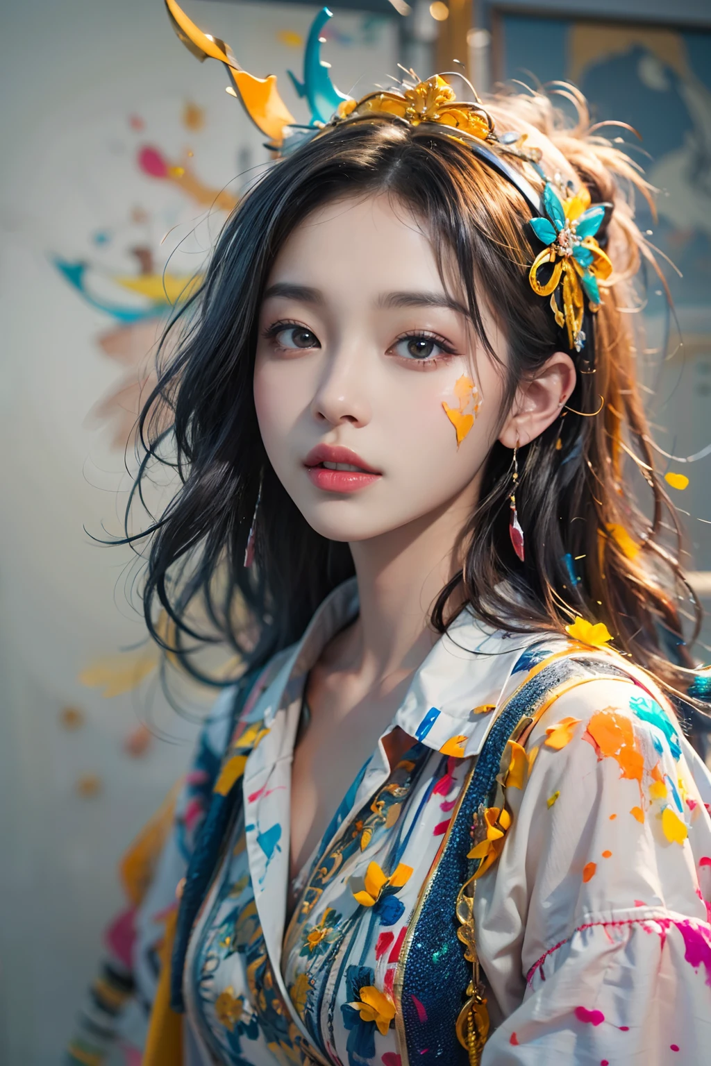 There was a  girl posing in the room for a photo, Gorgeous young Korean woman, color splash, （solo：1.8）, color splash, color explosion, colour splash, color explosion, Thick lacquer style，Messy lines，((shining)) ，(colorful), (colorful), (colorful), colorful, Thick Paint Style, (Splash) (Color Splash), Vertical Painting, Upper Body, Paint Splash, Acrylic Pigment, Gradient, Paint, Highest Image Quality, Highest image quality, Masterpiece, Solo, Depth of Field, Face Paint, colorful clothes, (ellegance: 1.2),young lovely Korean faces, Beautiful young Korean woman, Korean girl, portrait of female korean idol, beautiful Korean women, wan adorable korean face, young cute wan asian face, cute korean actress, 8k selfie photograph, girl cute-fine face, ulzzangs