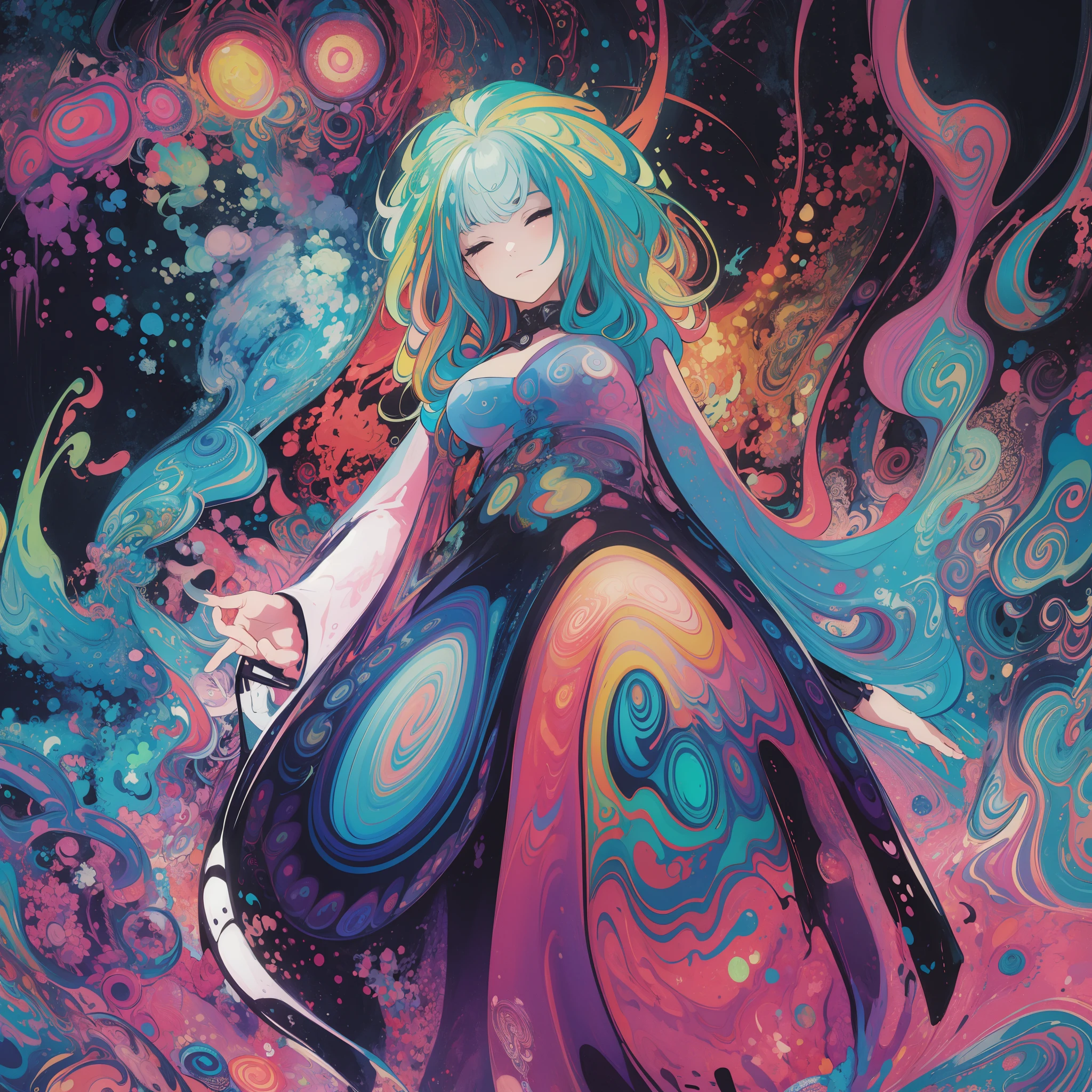 (Psychedelic Art:1.5), (From below:1.2), complex dress, Upper body, Closed eyes,