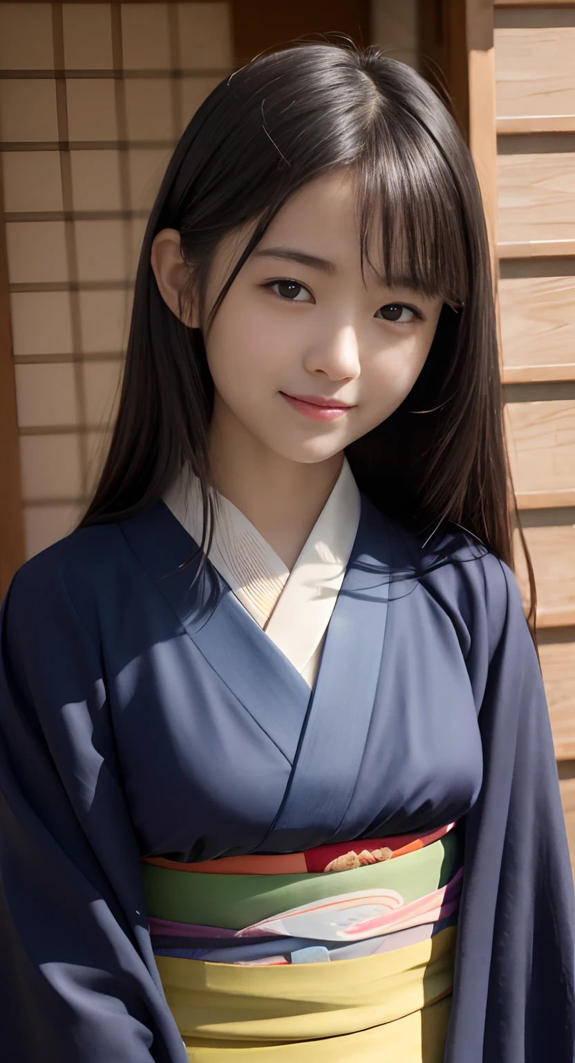 (top-quality、masterpiece:1.2)、Best Quality、realisitic、photoshot、hight resolution、1080p、8K、Textured skin、Physical Rendering、1 Japan Girls、a junior high school student、kawaii、Young Face、Rolled hair、(japanese kimono:1.5)、kyoto、full of shyness、smil、Big