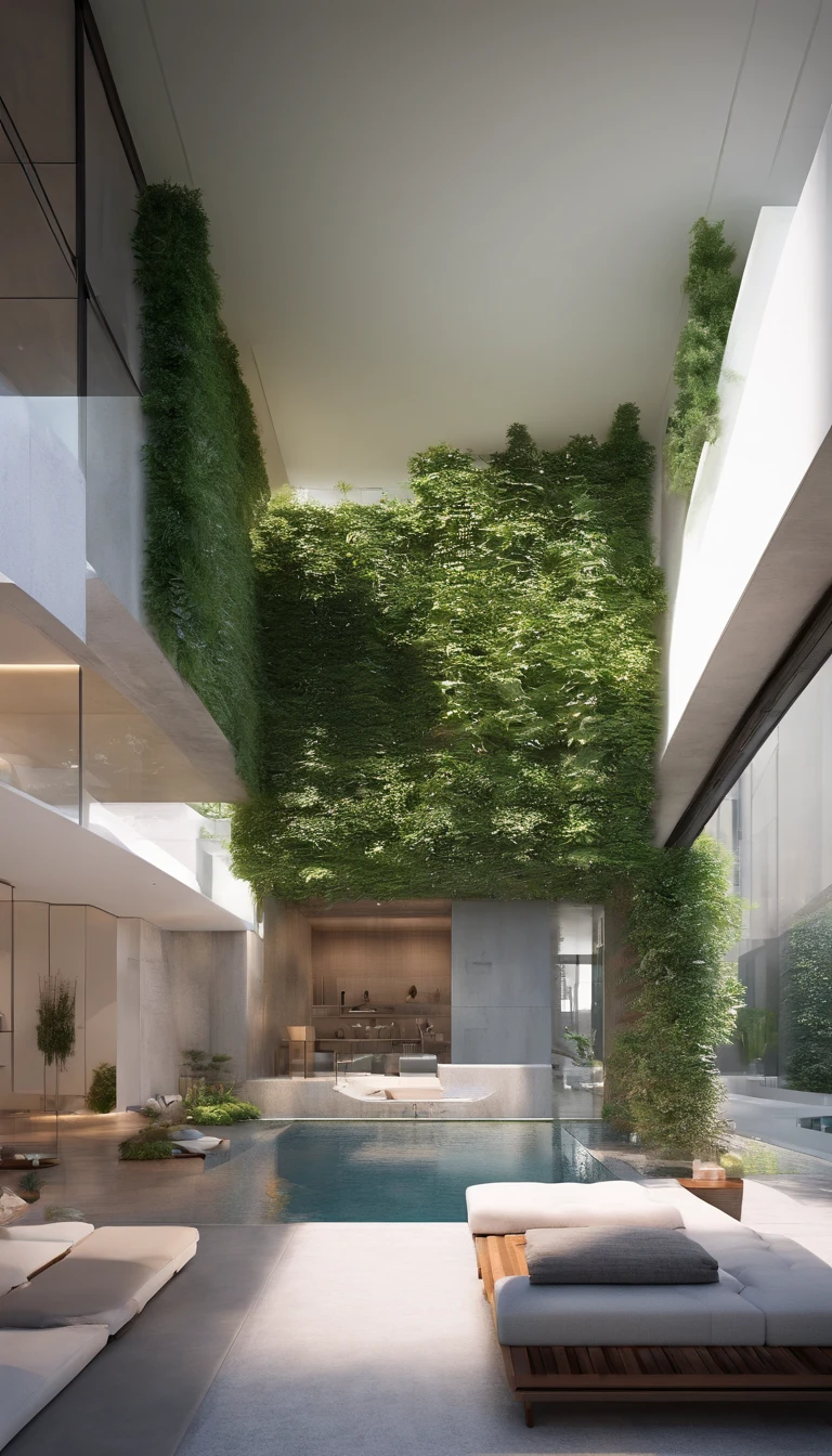 Design plans and Perspective, bird's-eye view, rear view, hotel style minimalist, seven-floor building, Moc Chau, Viet Nam, 11.5m width, 34m length, best quality, ultra-detailed, realistic:1.37, fine details, spacious lobby, clean and modern aesthetic, minimalist interior design, large panoramic windows, natural lighting, monochromatic color scheme, neutral tones, polished concrete floors, sleek furniture, contemporary artwork, art deco accents, minimalistic landscaping, rooftop terrace, panoramic view of the surrounding landscape, vine-covered walls, serene atmosphere, minimalist rooms with floor-to-ceiling windows, cozy beds, sleek bathrooms with rainfall showers, stylish lighting fixtures, vertical gardens, green spaces, minimalist sculptures in the public areas, tranquil swimming pool, minimalist gym with state-of-the-art equipment, high-res images, professional architectural rendering, vivid colors, soft lighting, peaceful ambiance.