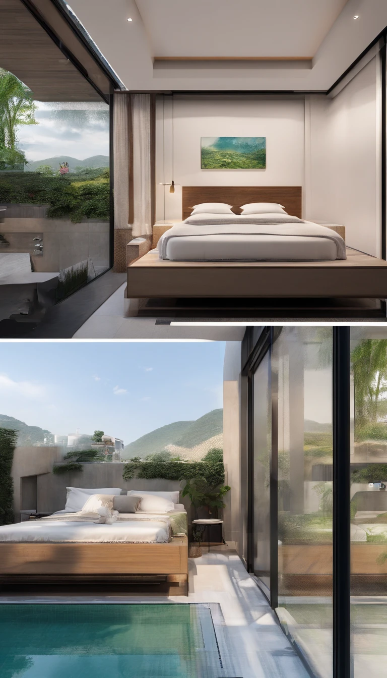 Design plans and Perspective, bird's-eye view, rear view, hotel style minimalist, seven-floor building, Moc Chau, Viet Nam, 11.5m width, 34m length, best quality, ultra-detailed, realistic:1.37, fine details, spacious lobby, clean and modern aesthetic, minimalist interior design, large panoramic windows, natural lighting, monochromatic color scheme, neutral tones, polished concrete floors, sleek furniture, contemporary artwork, art deco accents, minimalistic landscaping, rooftop terrace, panoramic view of the surrounding landscape, vine-covered walls, serene atmosphere, minimalist rooms with floor-to-ceiling windows, cozy beds, sleek bathrooms with rainfall showers, stylish lighting fixtures, vertical gardens, green spaces, minimalist sculptures in the public areas, tranquil swimming pool, minimalist gym with state-of-the-art equipment, high-res images, professional architectural rendering, vivid colors, soft lighting, peaceful ambiance.