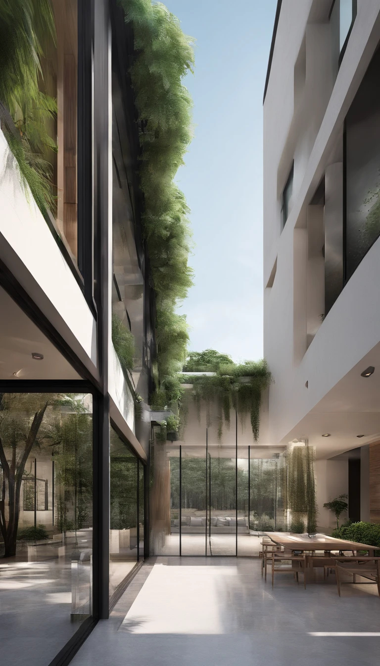 Design plans and Perspective, bird's-eye view, rear view, hotel style minimalist, seven-floor building, Moc Chau, Viet Nam, 11.5m width, 34m length, best quality, ultra-detailed, realistic:1.37, fine details, spacious lobby, clean and modern aesthetic, minimalist interior design, large panoramic windows, natural lighting, monochromatic color scheme, neutral tones, polished concrete floors, sleek furniture, contemporary artwork, art deco accents, minimalistic landscaping, rooftop terrace, panoramic view of the surrounding landscape, vine-covered walls, serene atmosphere, minimalist rooms with floor-to-ceiling windows, cozy beds, sleek bathrooms with rainfall showers, stylish lighting fixtures, vertical gardens, green spaces, minimalist sculptures in the public areas, tranquil swimming pool, minimalist gym with state-of-the-art equipment, high-res images, professional architectural rendering, vivid colors, soft lighting, peaceful ambiance.