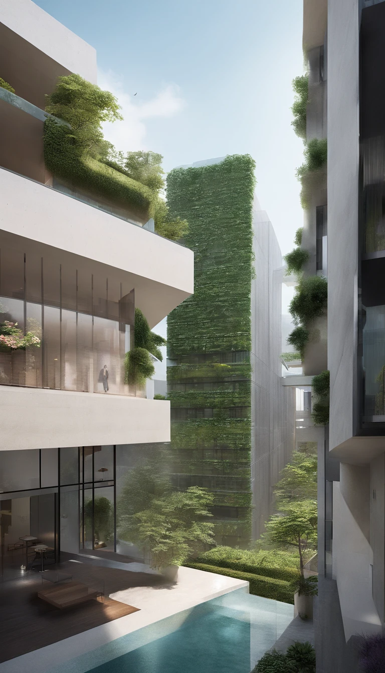 Design plans and Perspective, bird's-eye view, rear view, hotel style minimalist, seven-floor building, Moc Chau, Viet Nam, 11.5m width, 34m length, best quality, ultra-detailed, realistic:1.37, fine details, spacious lobby, clean and modern aesthetic, minimalist interior design, large panoramic windows, natural lighting, monochromatic color scheme, neutral tones, polished concrete floors, sleek furniture, contemporary artwork, art deco accents, minimalistic landscaping, rooftop terrace, panoramic view of the surrounding landscape, vine-covered walls, serene atmosphere, minimalist rooms with floor-to-ceiling windows, cozy beds, sleek bathrooms with rainfall showers, stylish lighting fixtures, vertical gardens, green spaces, minimalist sculptures in the public areas, tranquil swimming pool, minimalist gym with state-of-the-art equipment, high-res images, professional architectural rendering, vivid colors, soft lighting, peaceful ambiance.
