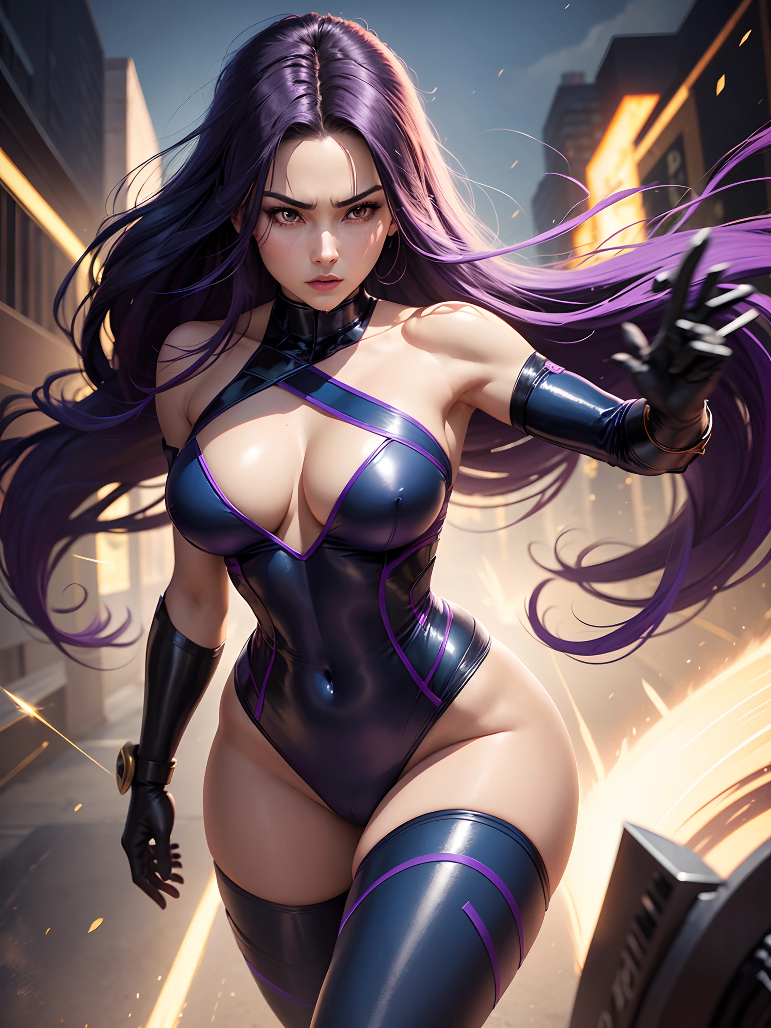 (New York: 1.5), (time square1.4), Psylocke, is known for her distinctive appearance and her psychic and telepathic abilities, which are often associated with a psychic blade or psychic katana. Physical appearance: Psylocke is a woman of British origin and with an Asian appearance for a while. However, its most recognizable form is the following. Hair: Psylocke generally has long, dark purple hair that falls in soft waves. Her hair is a striking feature and is often worn loose. Eye: Her eyes are typically depicted as blue, but they can also be depicted as purple when she is using her psychic abilities. Body: Psylocke is chiseled and athletic, like many Marvel superheroes. Her physical form reflects her proficiency in martial arts and her combat skills. Typical costume: Psylocke's costume is an important part of her visual identity. She is often depicted wearing the following attire: bodysuit: Psylocke wears a bodysuit that covers her entire body. The costume is usually tight (dark blue or black color: 1.5) that covers your body from neck to feet and is made of material that fits the body. waistband: She often wears a red waistband that wraps around her waist. This stripe serves as a point of contrast in her look, breaking the monotony of the main color. Psychic Blade: Psylocke's most iconic feature is her psychic blade or psychic katana. This is a blade made of psychic energy that she can create with her telepathic abilities. The blade is often described as a traditional Japanese sword, and she wields it skillfully in combat. Gloves and Boots: Psylocke wears gloves and boots in the same color as her bodysuit, completing the look. These items usually have simple details, such as stripes or lines that complement the look. mask: Although it is not a constant feature of her costume, Psylocke wears a mask that covers part of her face, leaving only her eye, (slender body: 1.5), (fair clothing: 1.5), (large breasts: 1.3), ( hanging breasts: 1.5), (disproportionate breasts: