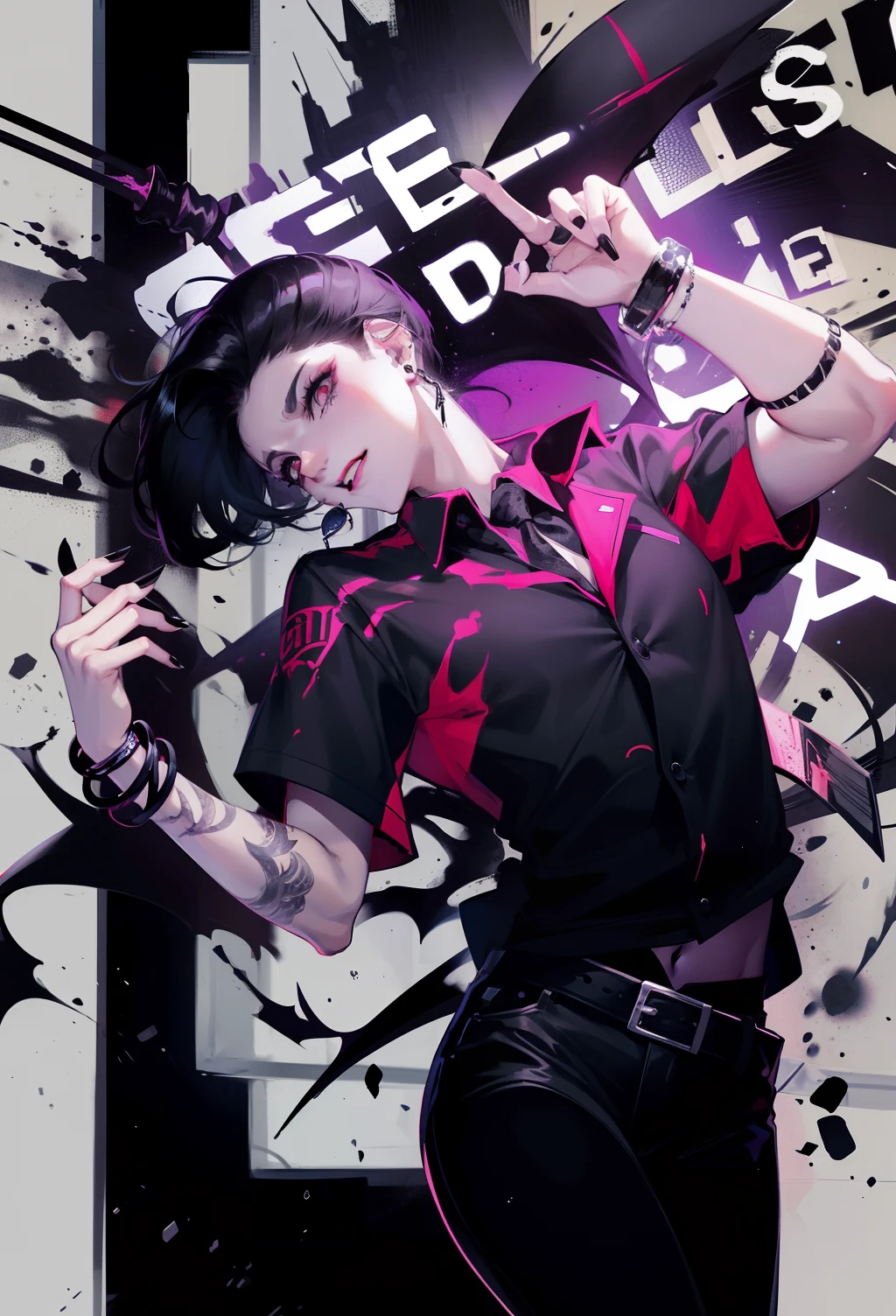 Man in shirt and tie, earrings, Belt bag, looking in camera, Black shirt, Short hair, Black short-sleeved polo shirt, Green tie, Black pants, punk, Raised eyebrows, Hanging bangs, Hanging bangs, Spiky back hair, Black hair, Underskirt cut, Simple black earrings, devil, Bat, Angry face, Black nails, Full arm tattoo, Big eyes, Black eyes, Black Eye Makeup, Black Eye Shadow, Black tears, Forehead, Smile, Watch, Black Bangle, Slender body